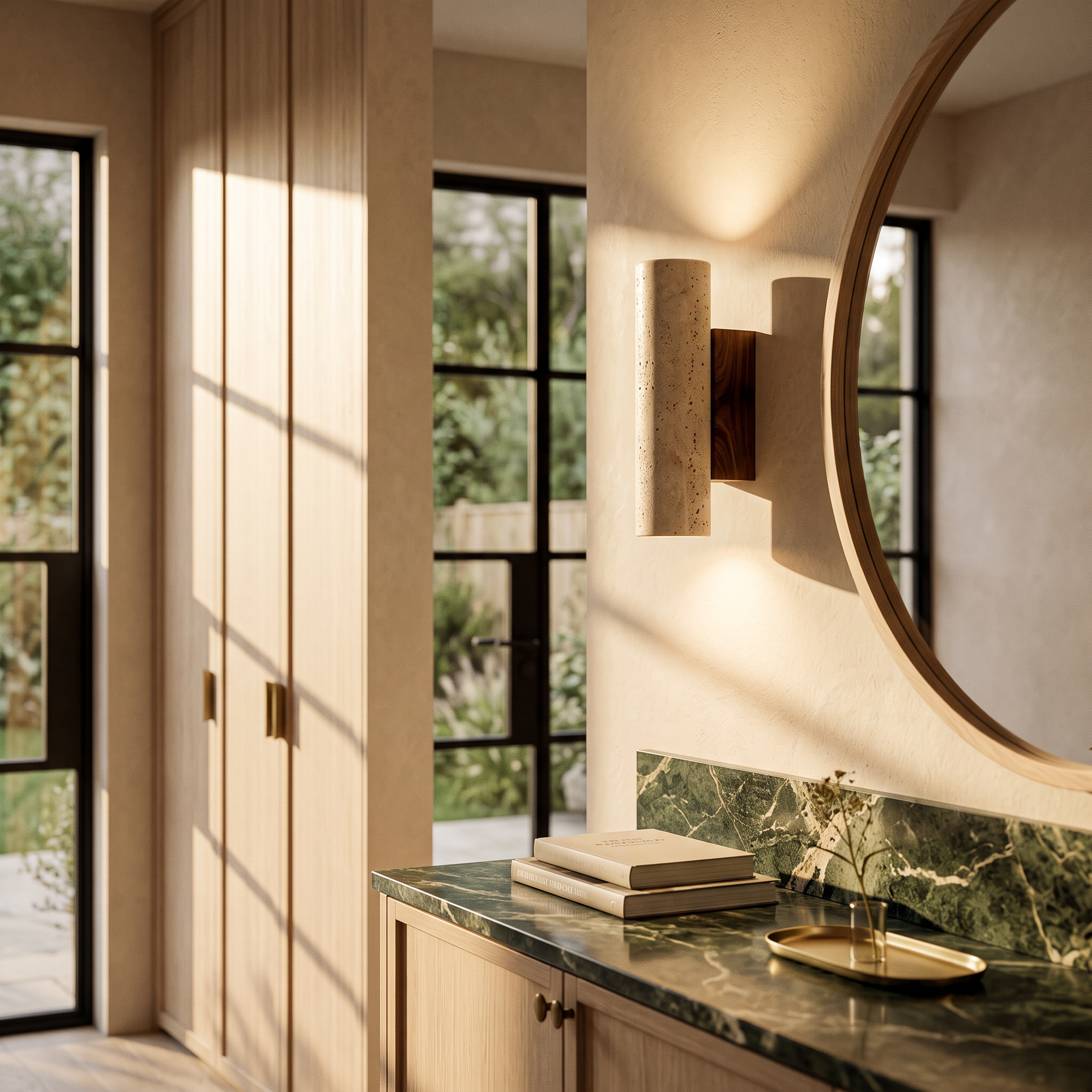 travertine & walnut wall lamp