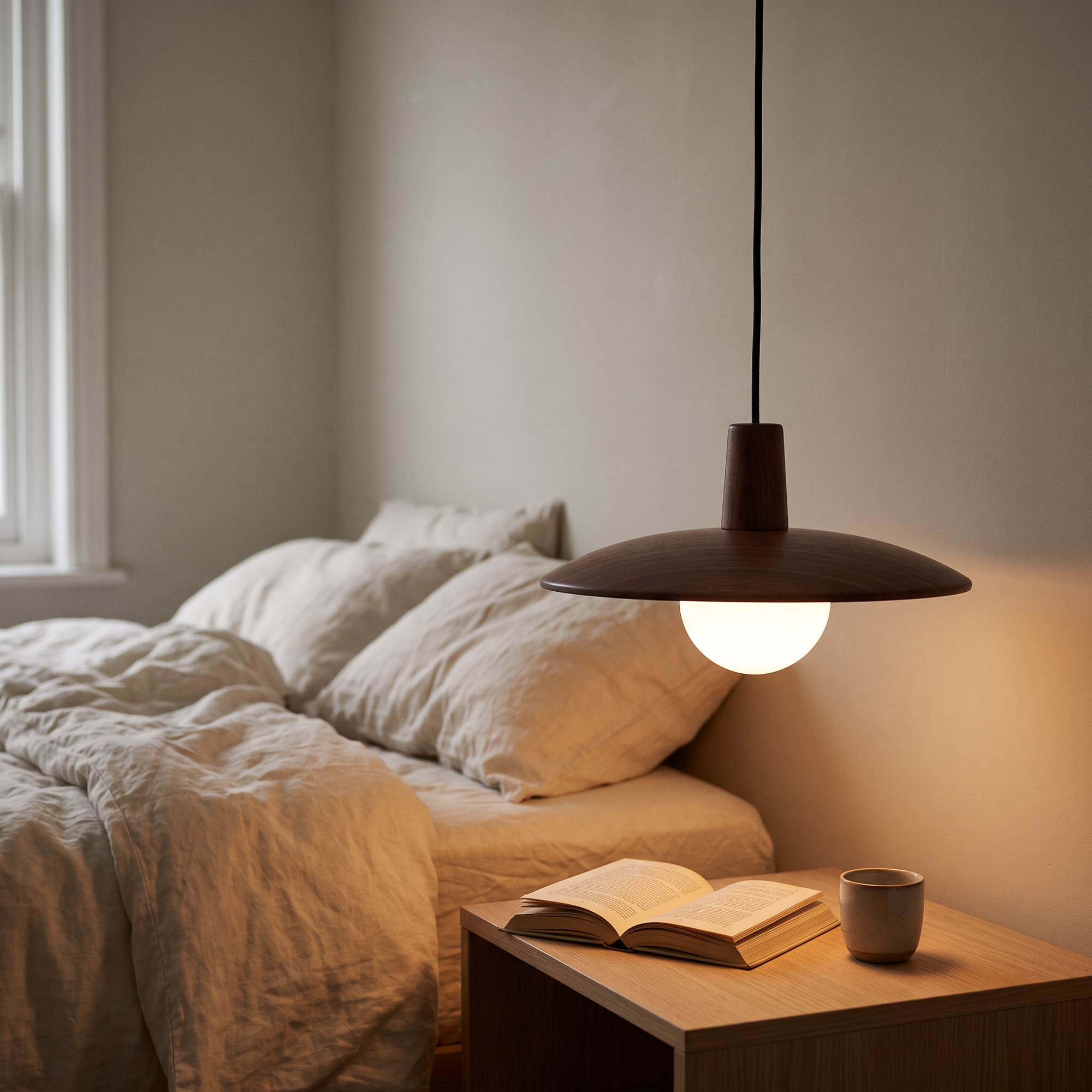 karst pendant, Walnut finish, beside a bed at dusk