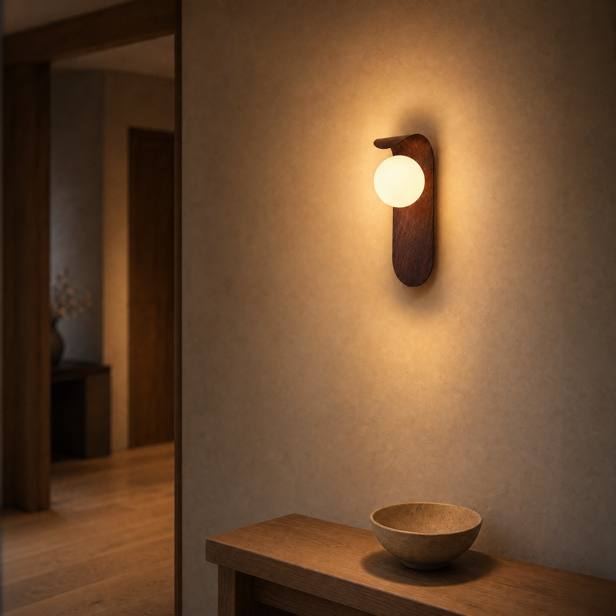roost wall light glowing in a warm hallway at dusk