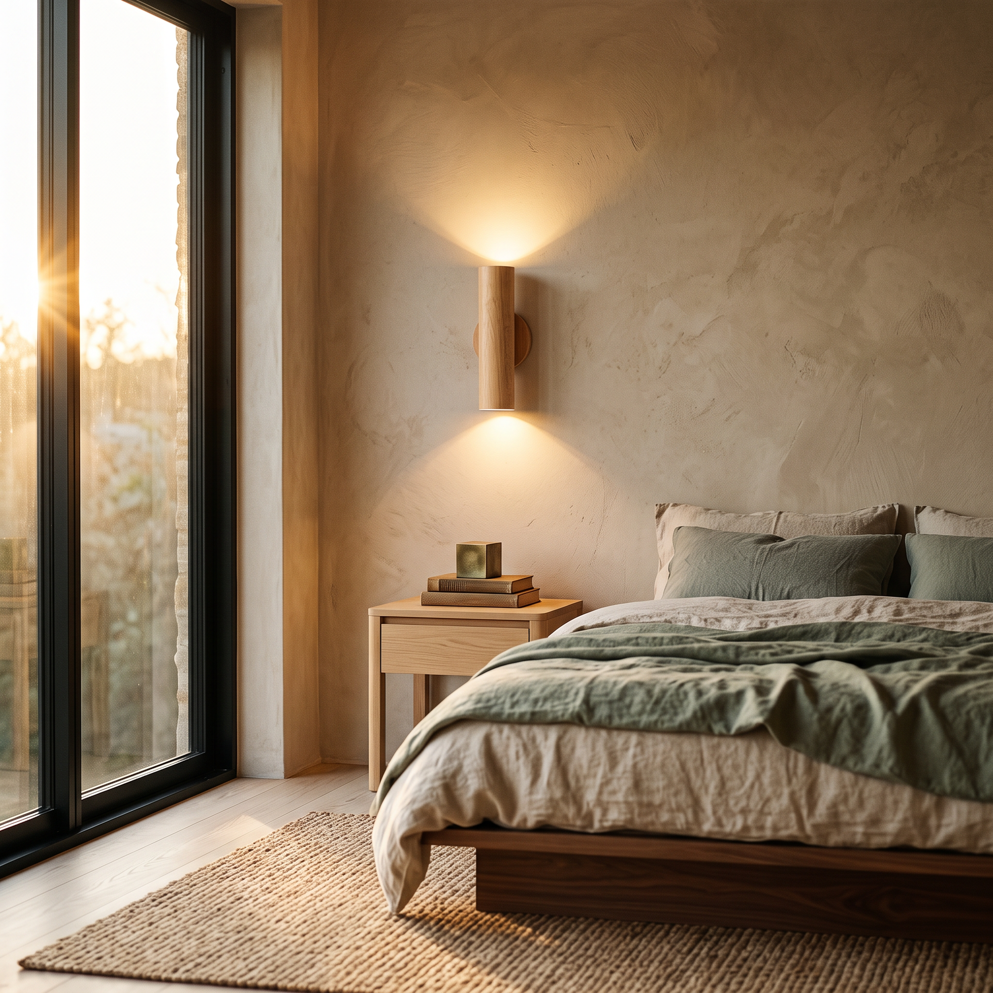 weir wall light in natural oak, bedroom at golden hour