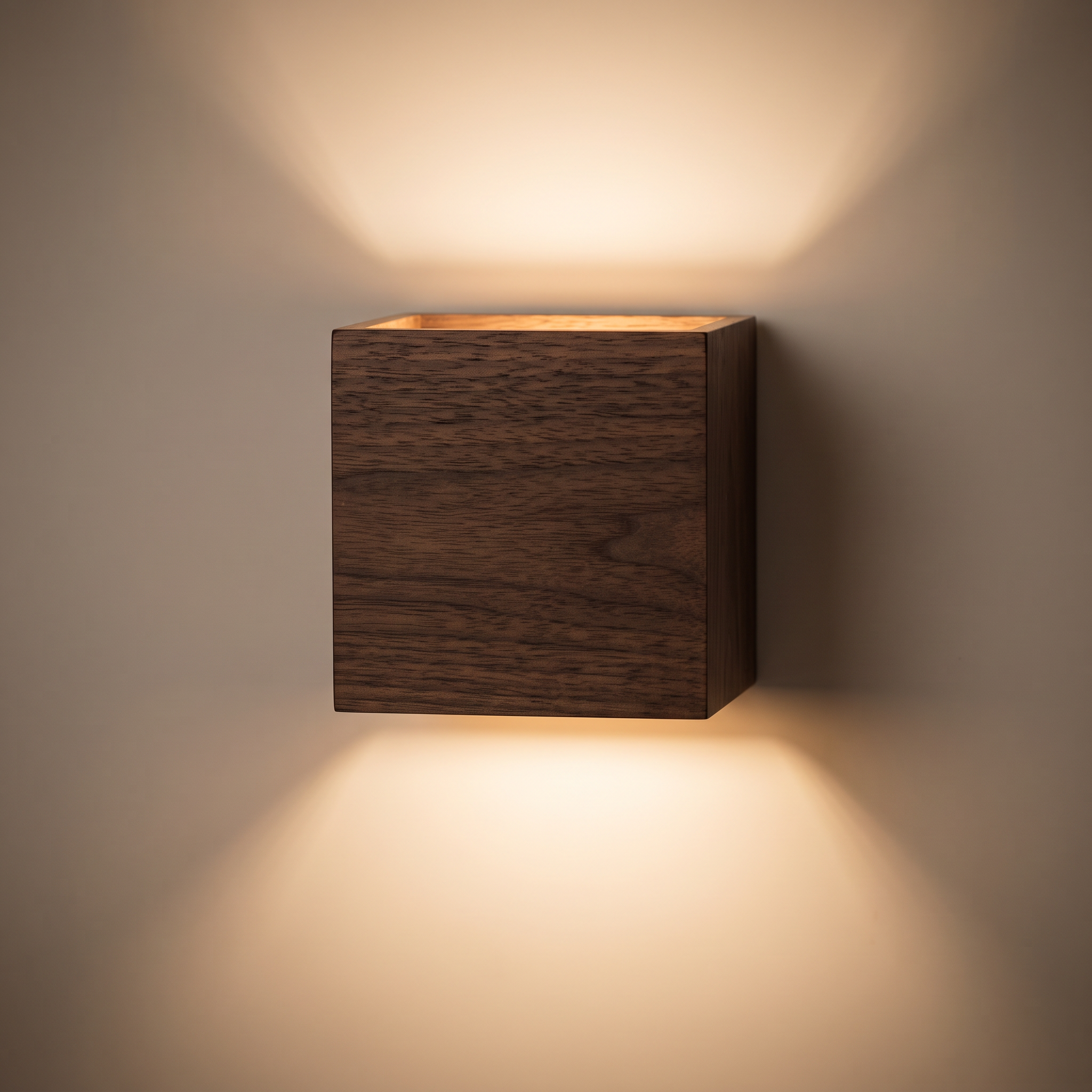 moor wall light in walnut-toned wood-grain finish, mounted flush to a wall and lit