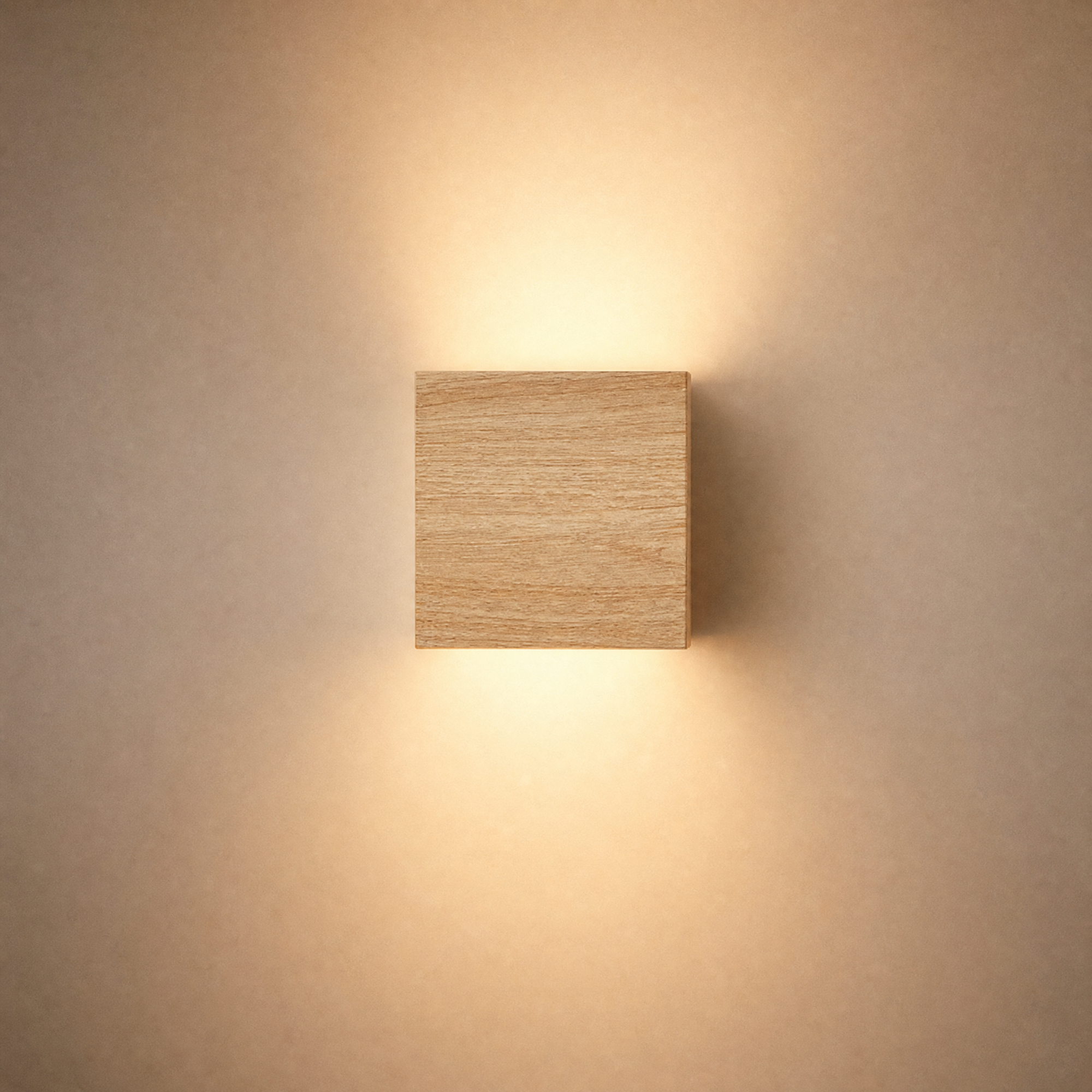 moor wall light in oak-toned wood-grain finish, mounted flush to a wall and lit