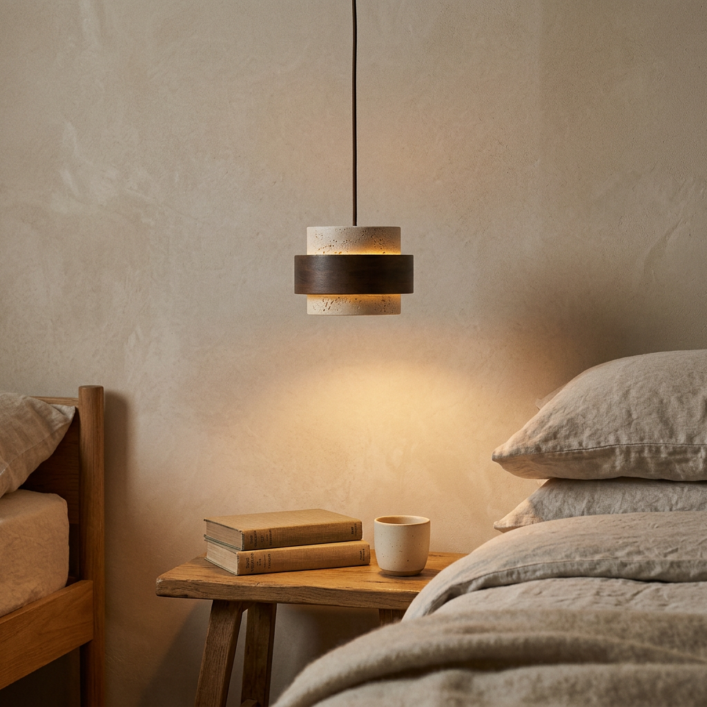 travertine & walnut pendant light