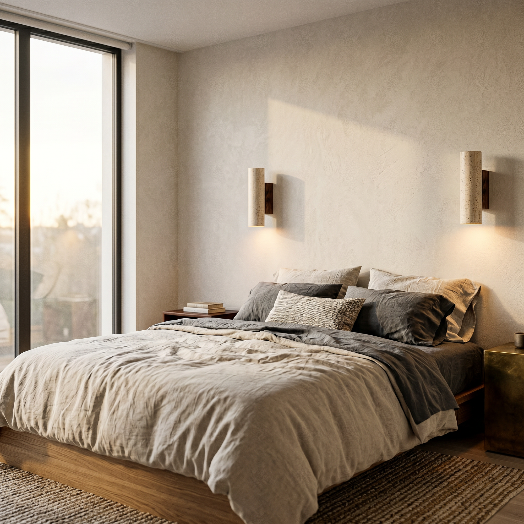 travertine & walnut wall lamp