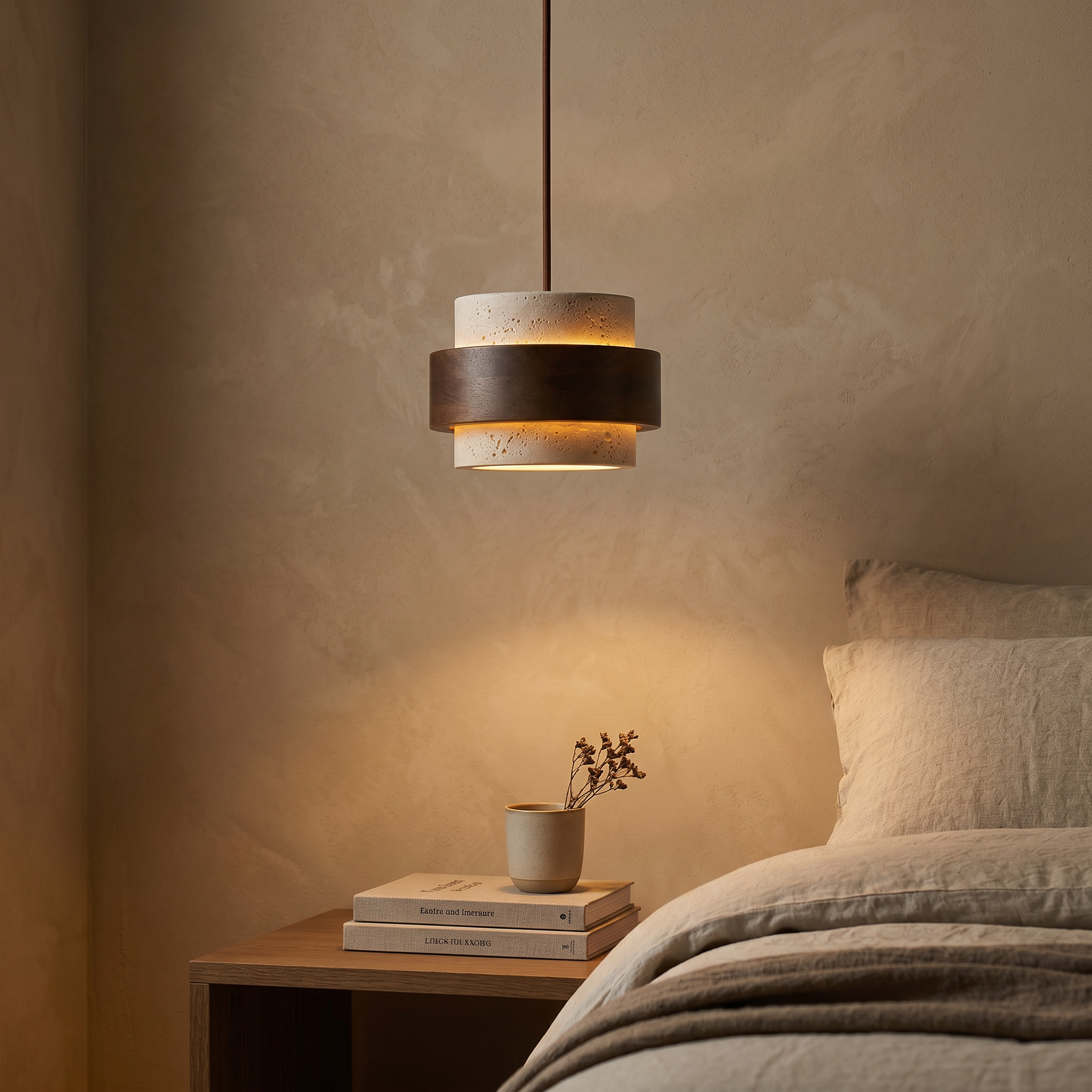 travertine & walnut pendant light