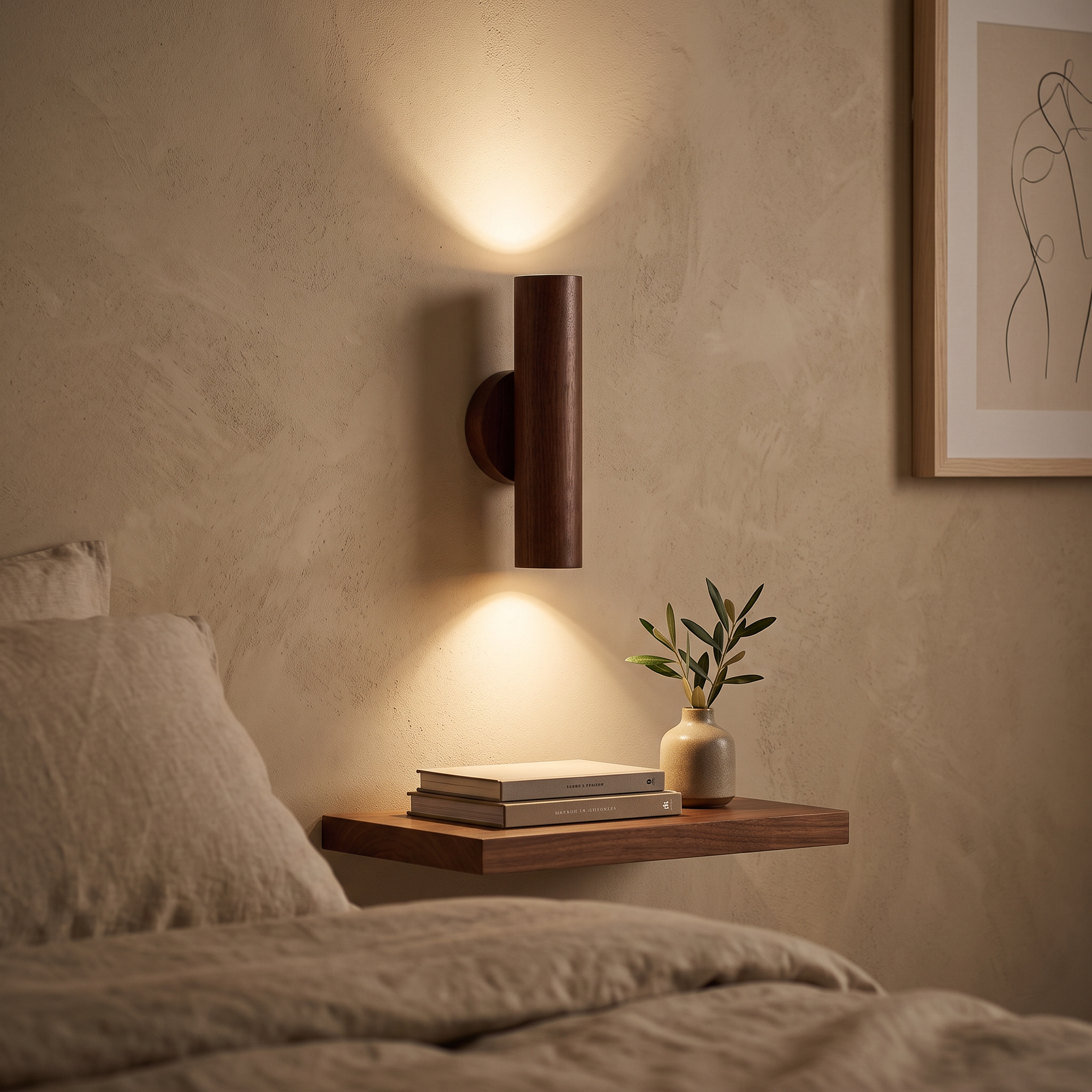 weir wall light in walnut, above a floating shelf nightstand