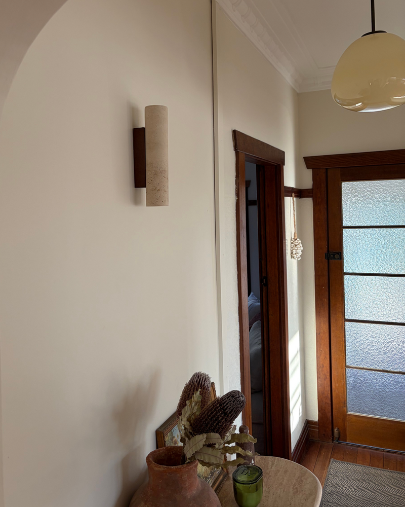travertine & walnut wall lamp