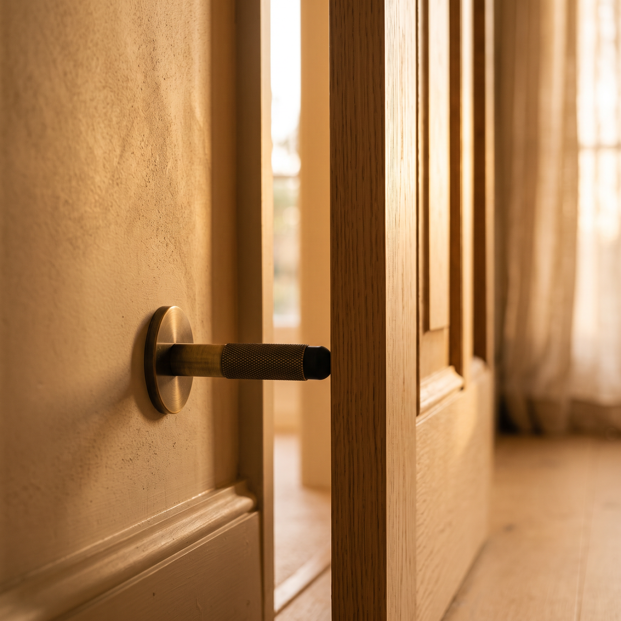 fell door stop mounted beside a bedroom doorway