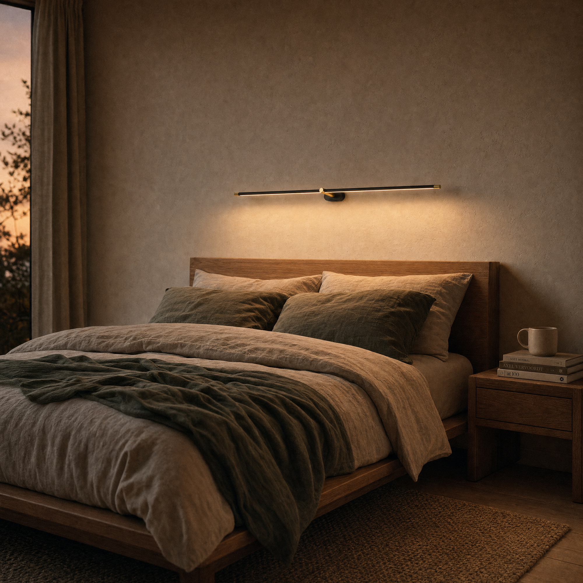 eda wall light above an oak headboard at dusk
