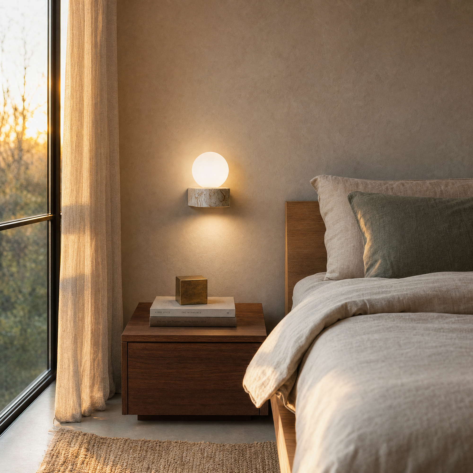 tarn wall light above a walnut nightstand at golden hour