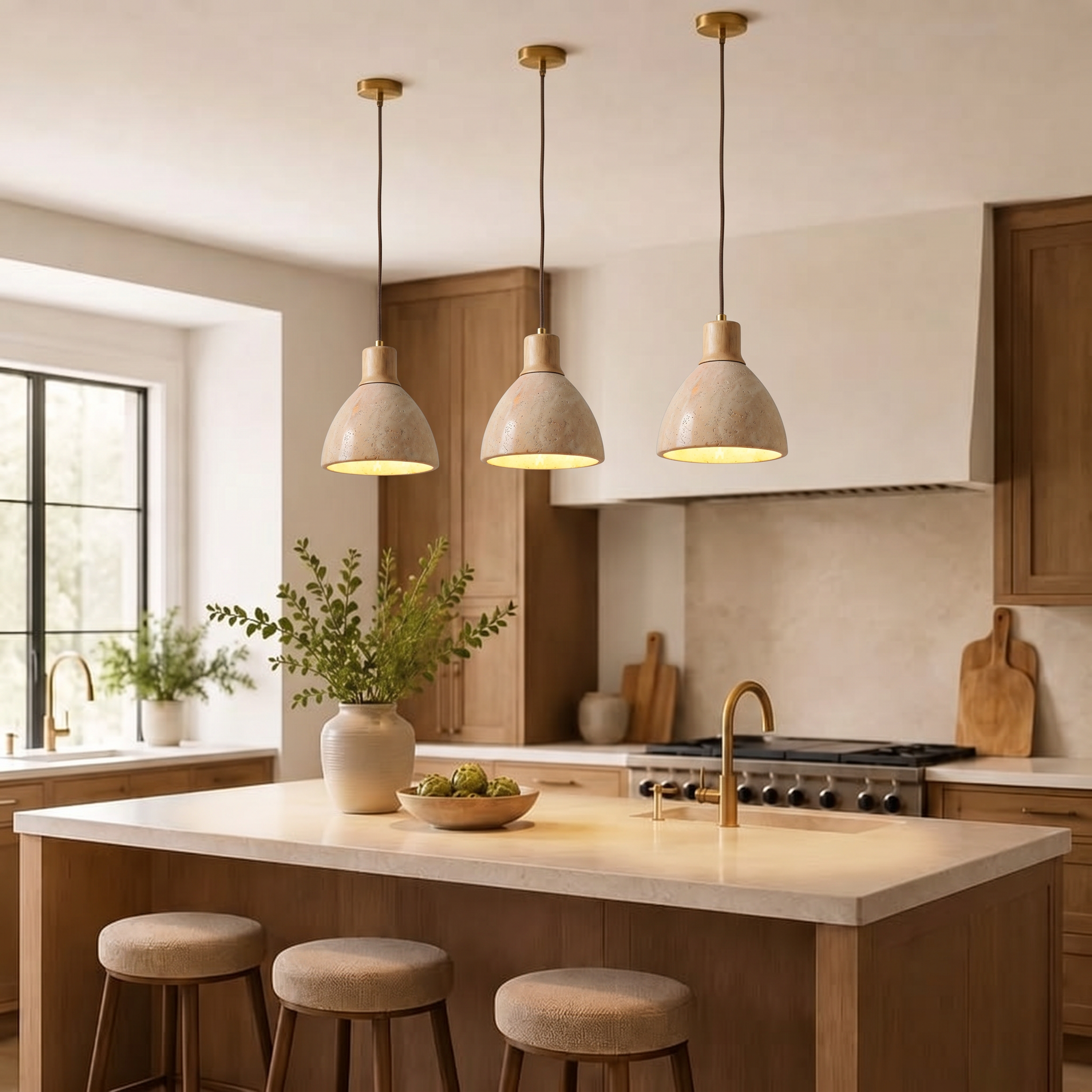 cove travertine + oak pendant light