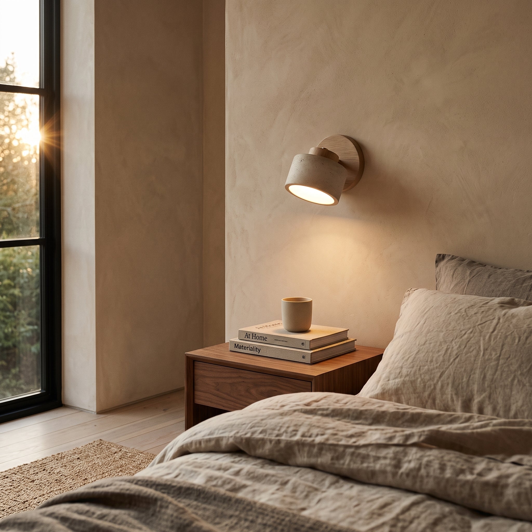 iwa wall light mounted above a walnut bedside table, warm evening bedroom