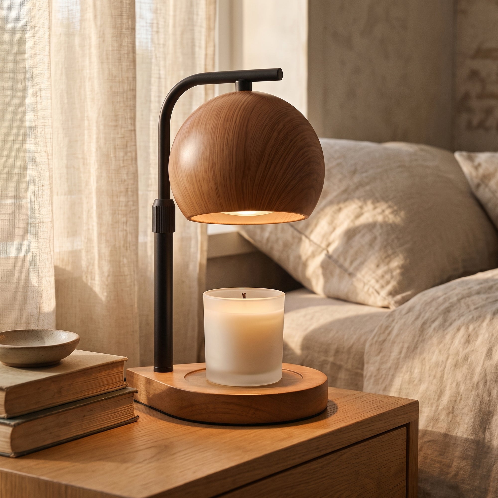 Brink candle warmer on a bedside cabinet at golden hour