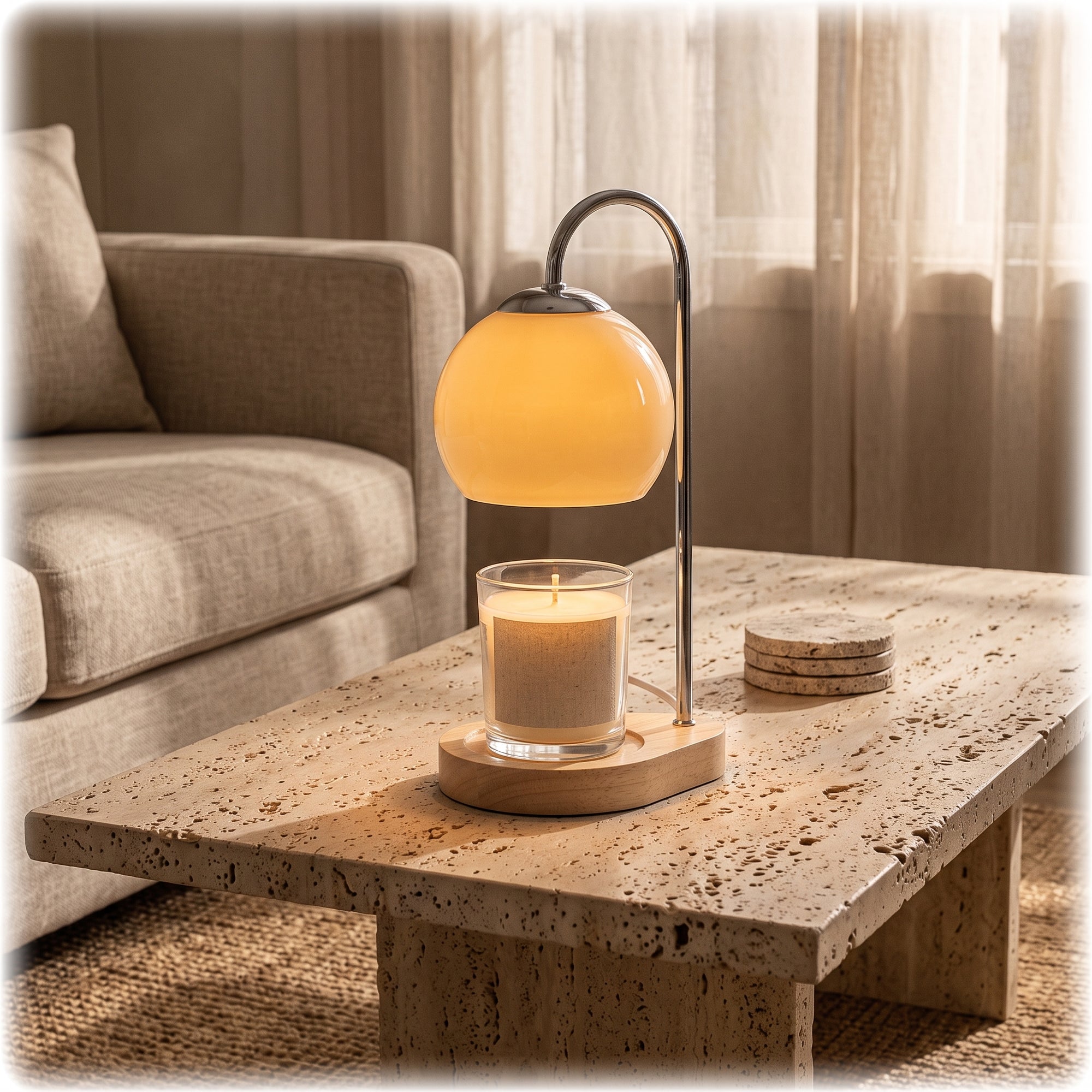 Weald candle warmer, beige, on a travertine coffee table