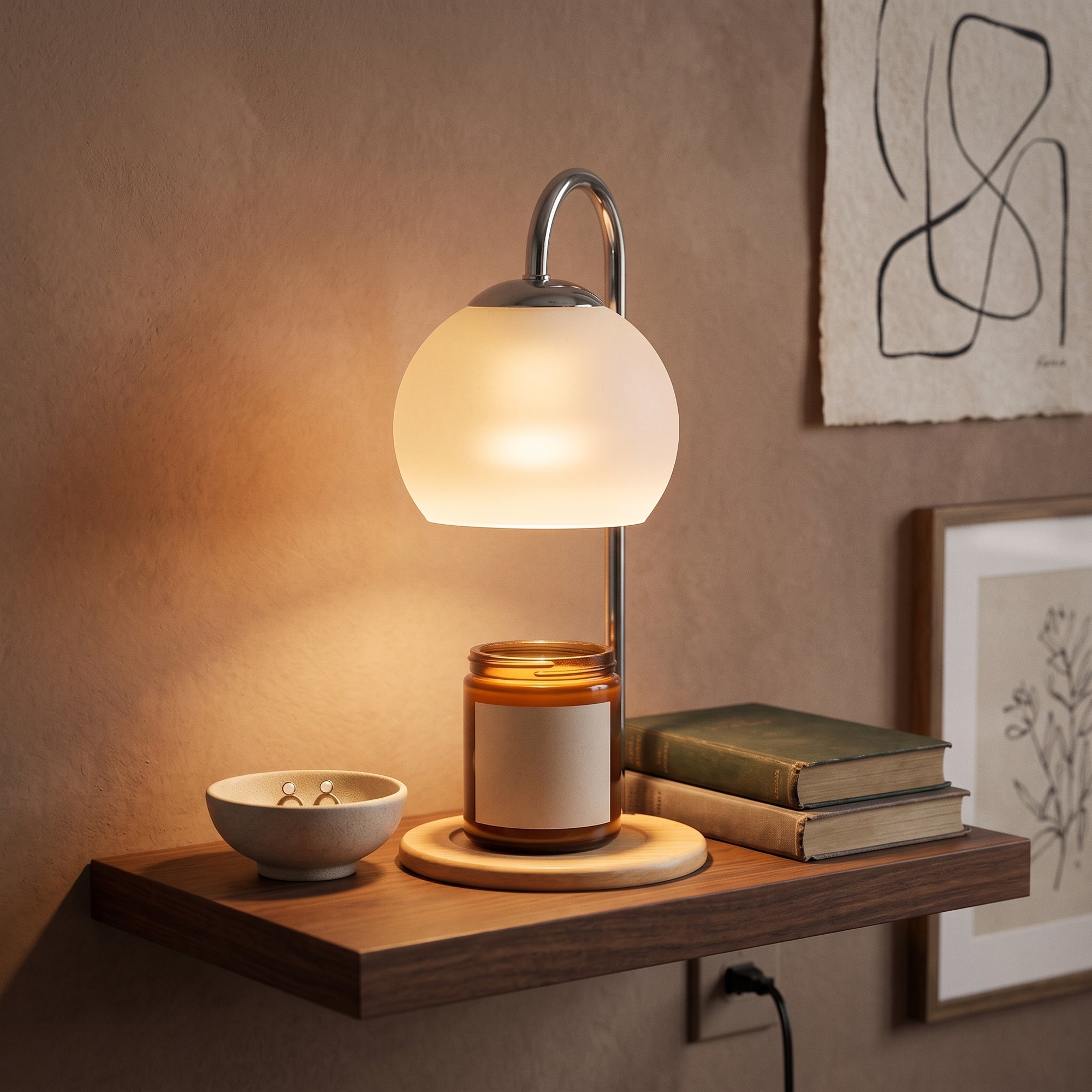 Weald candle warmer, frosted white, on a floating walnut shelf