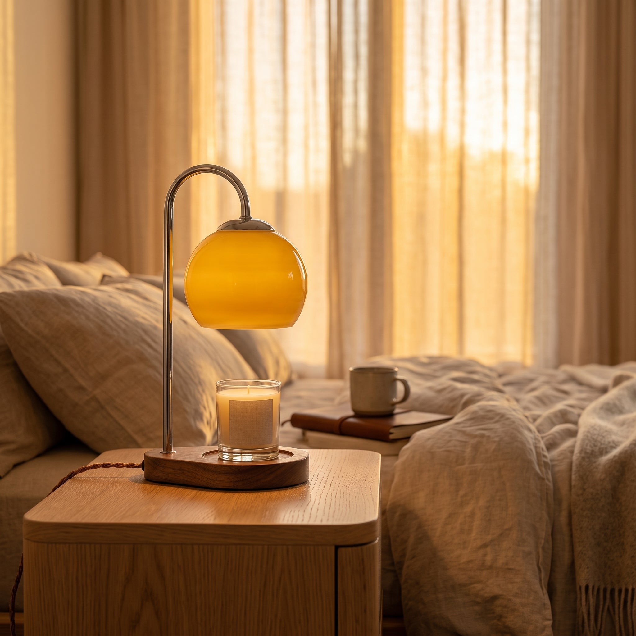 Weald candle warmer, light brown, on a bedside table at golden hour