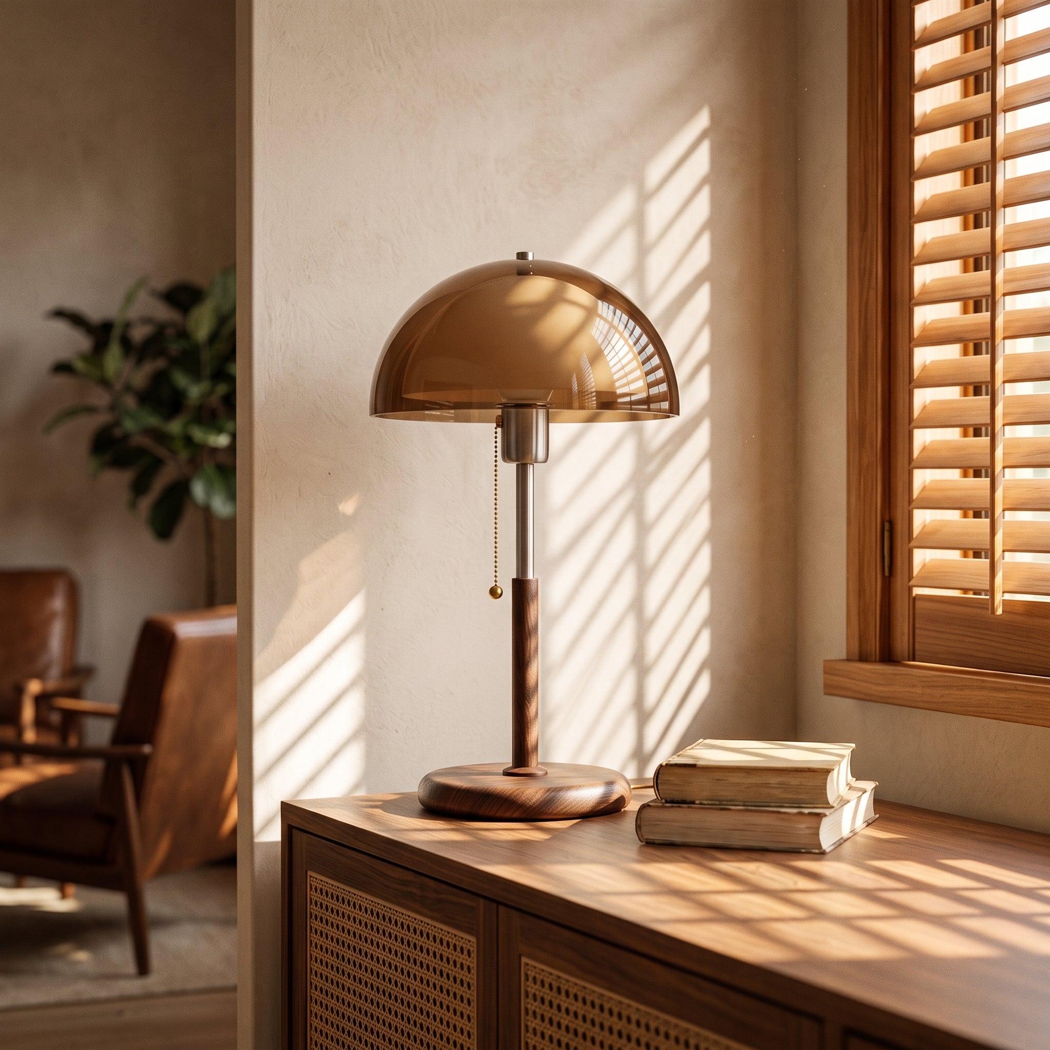 Dale table lamp on a walnut sideboard in raking afternoon sun