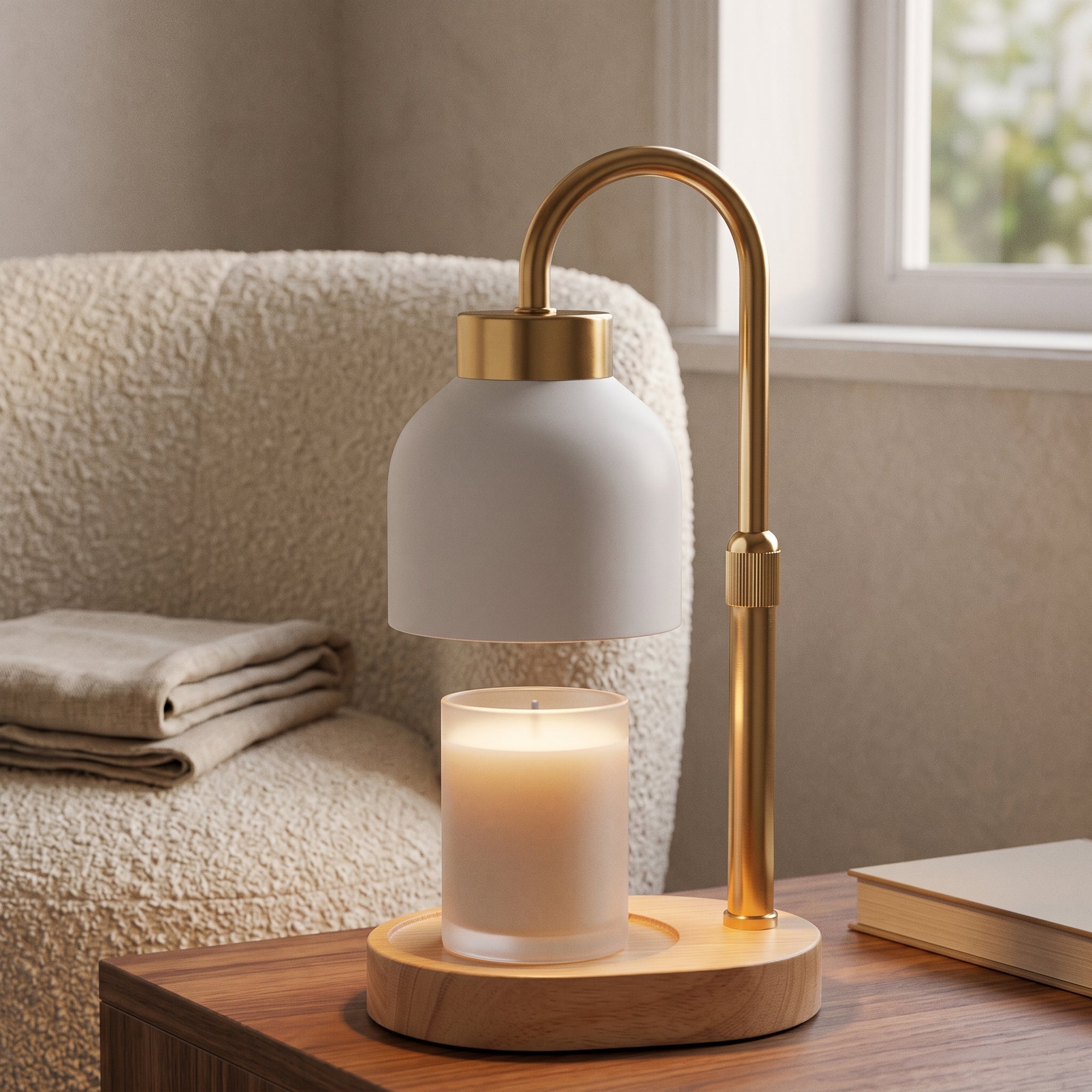Fen candle warmer, white, on a walnut side table by an armchair
