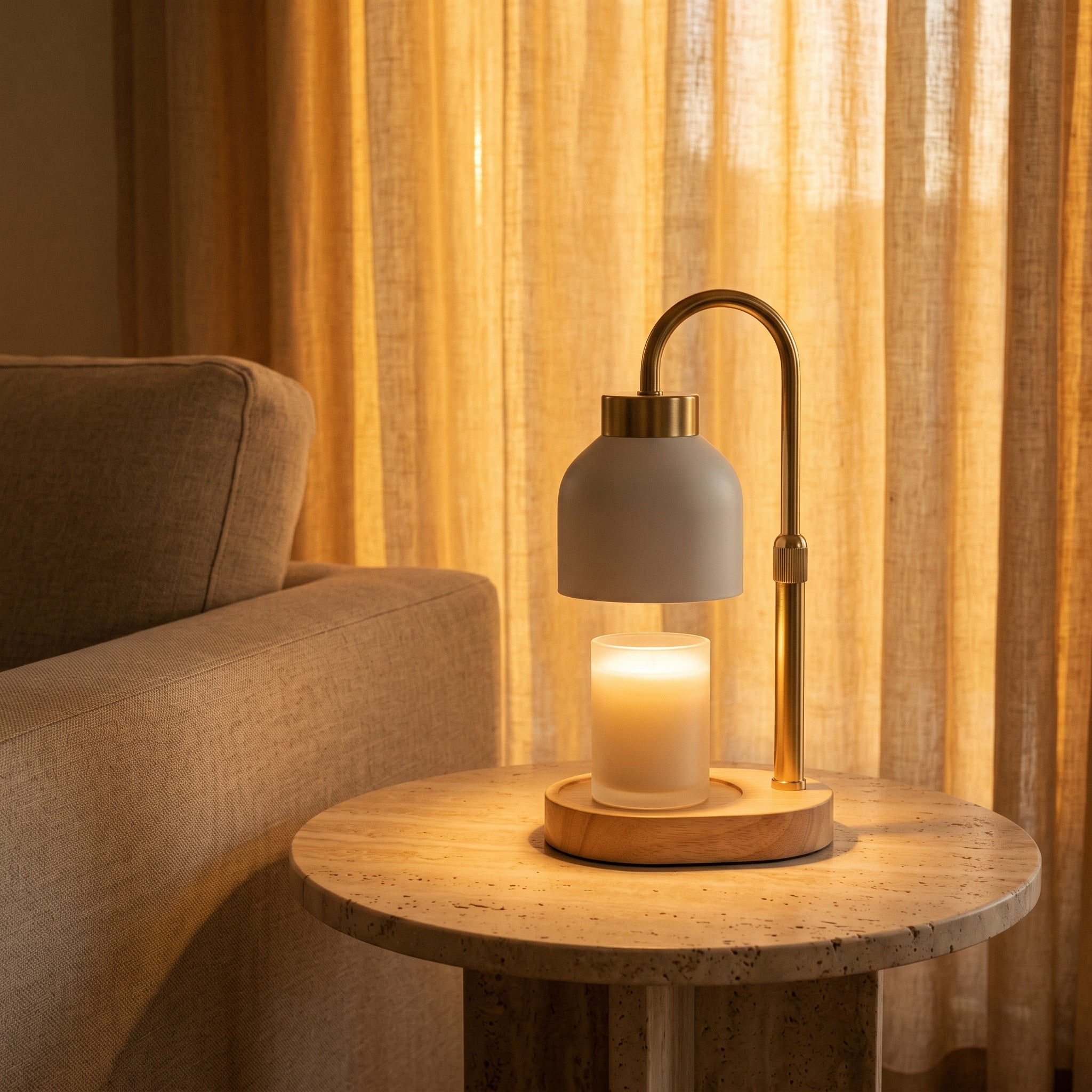 Fen candle warmer, white, on a travertine side table