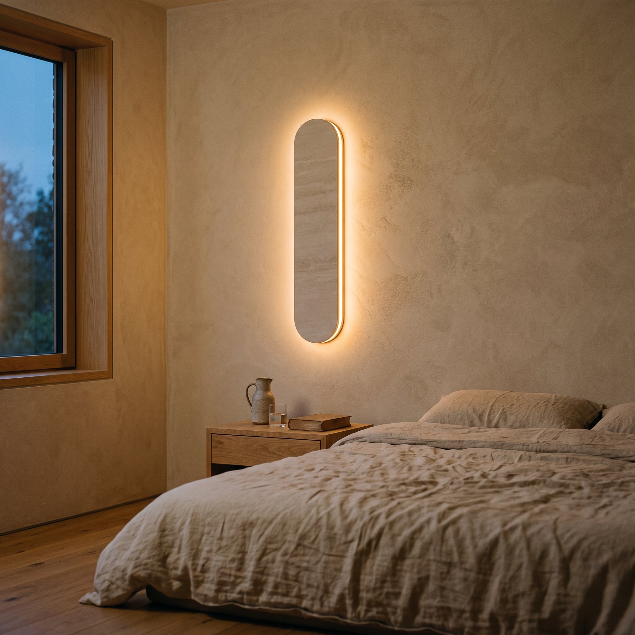 mori wall light mounted beside a bed at dusk, warm amber glow