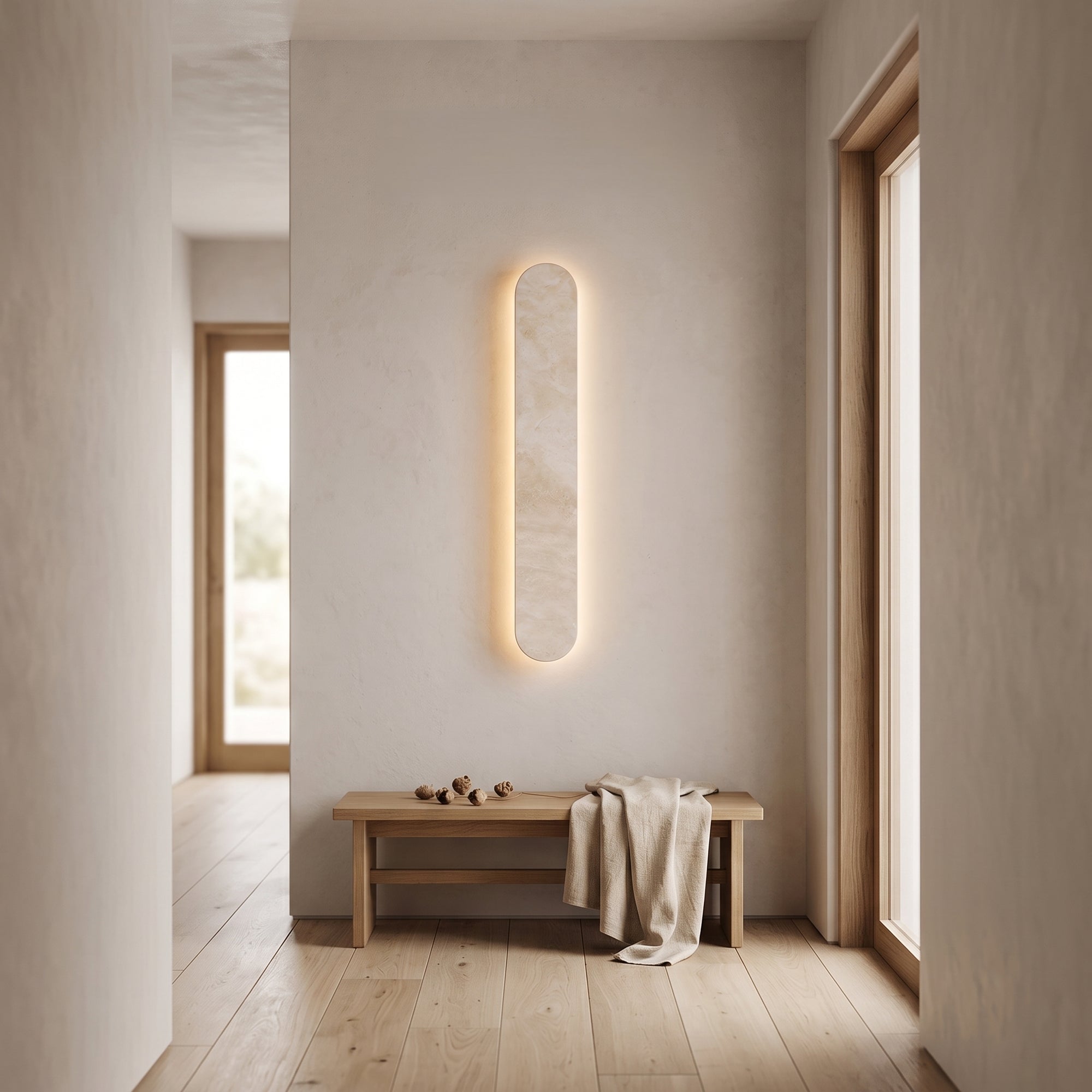 mori wall light mounted in a hallway entry, morning light