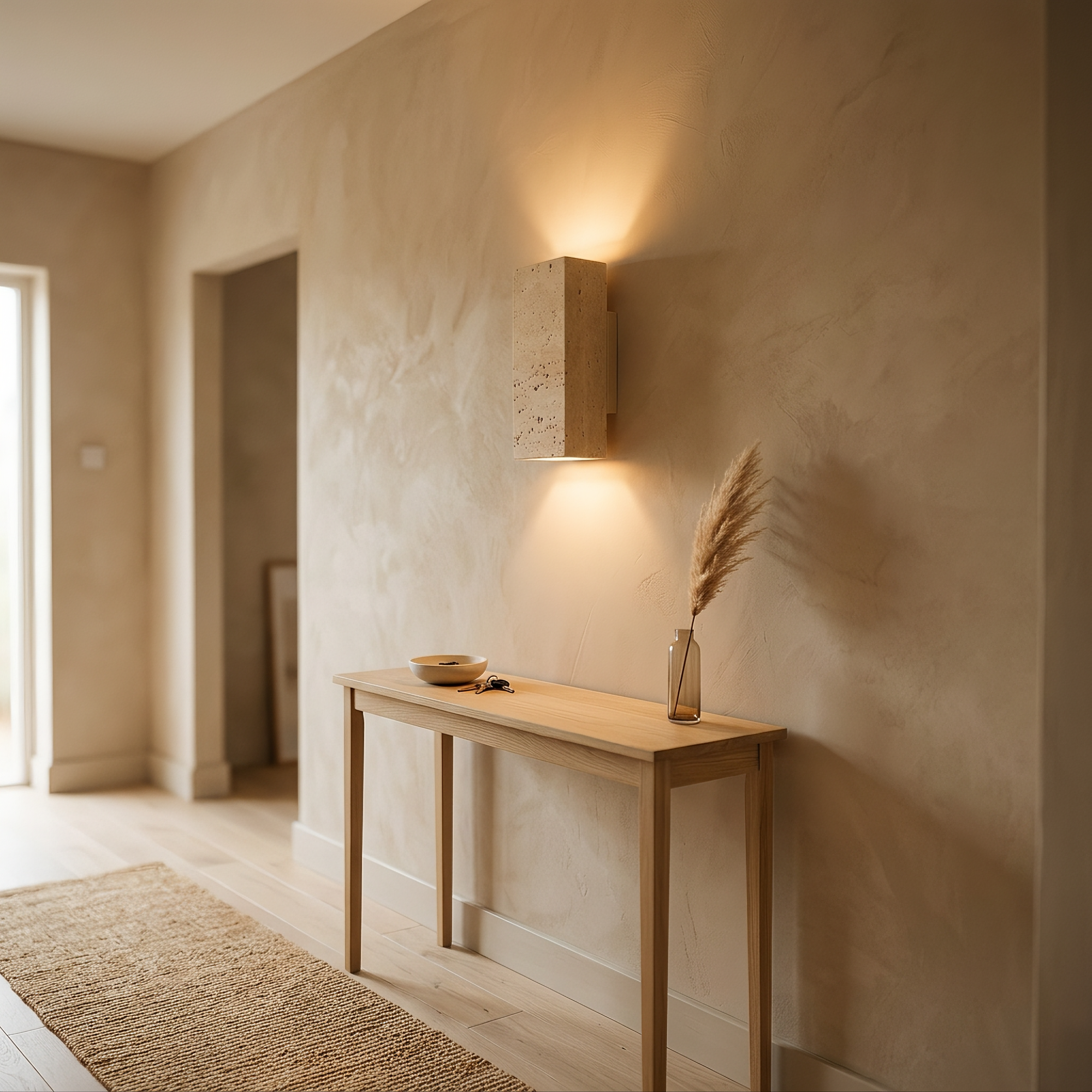 scar wall light above an oak console table in a warm plaster hallway
