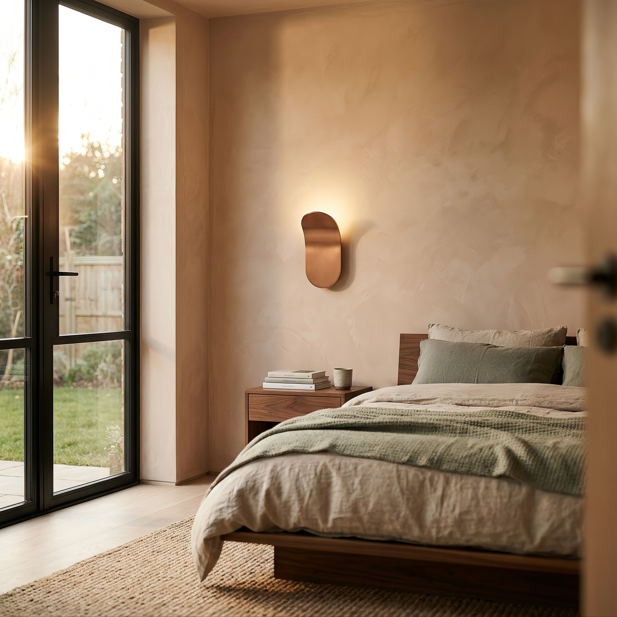 strath wall light mounted above a walnut nightstand in a golden-hour bedroom