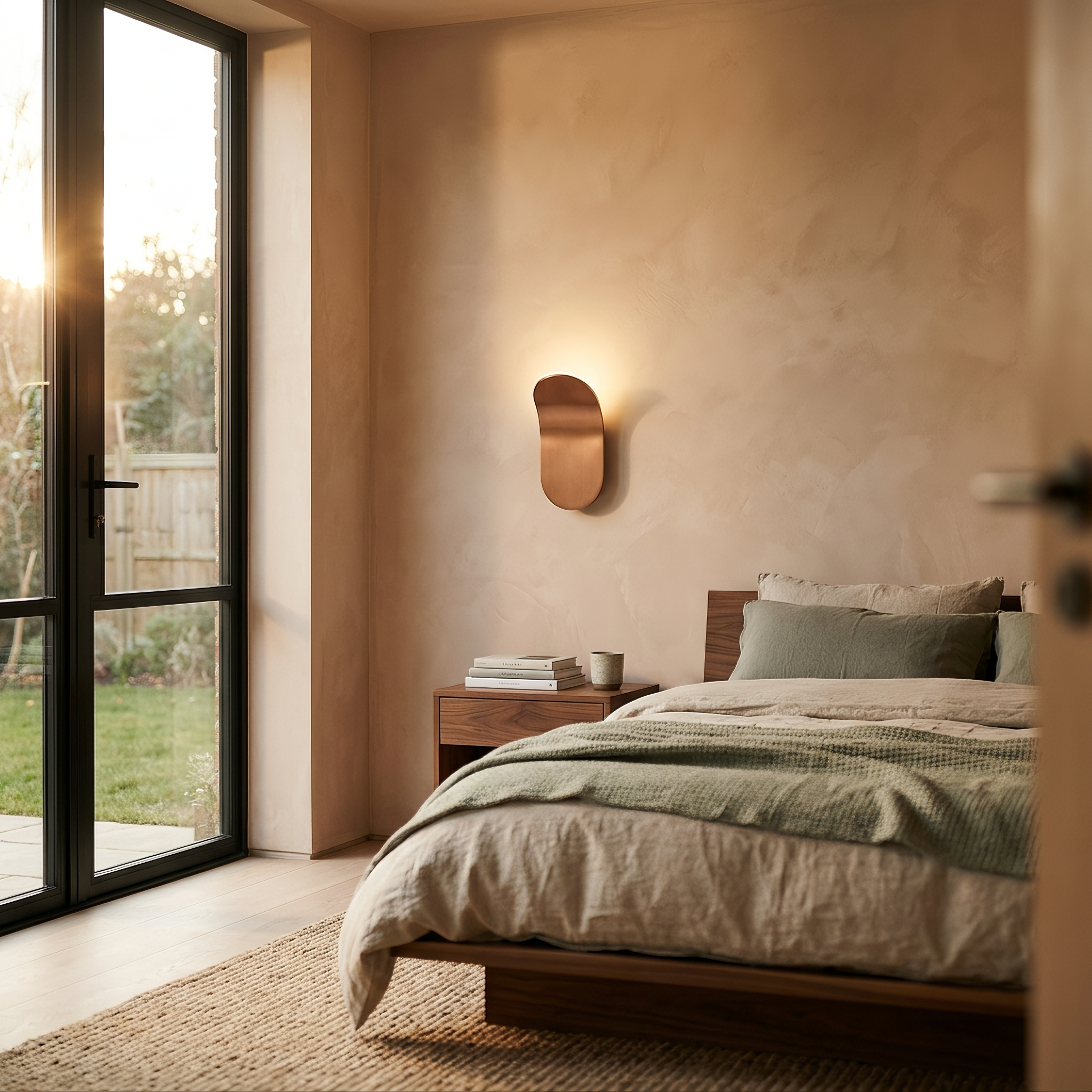 strath wall light mounted above a walnut nightstand in a golden-hour bedroom