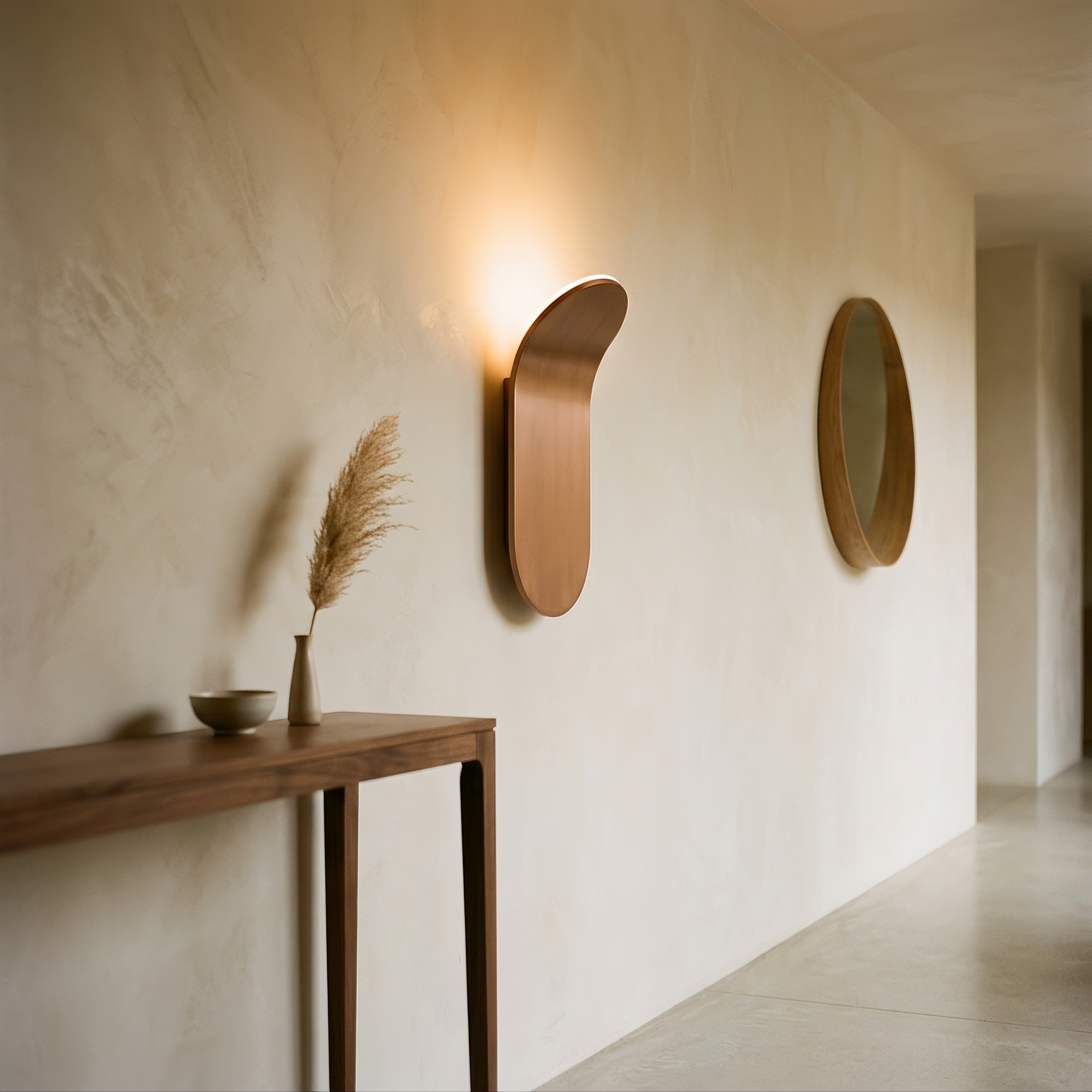 strath wall light in a warm entry hallway beside a walnut console table