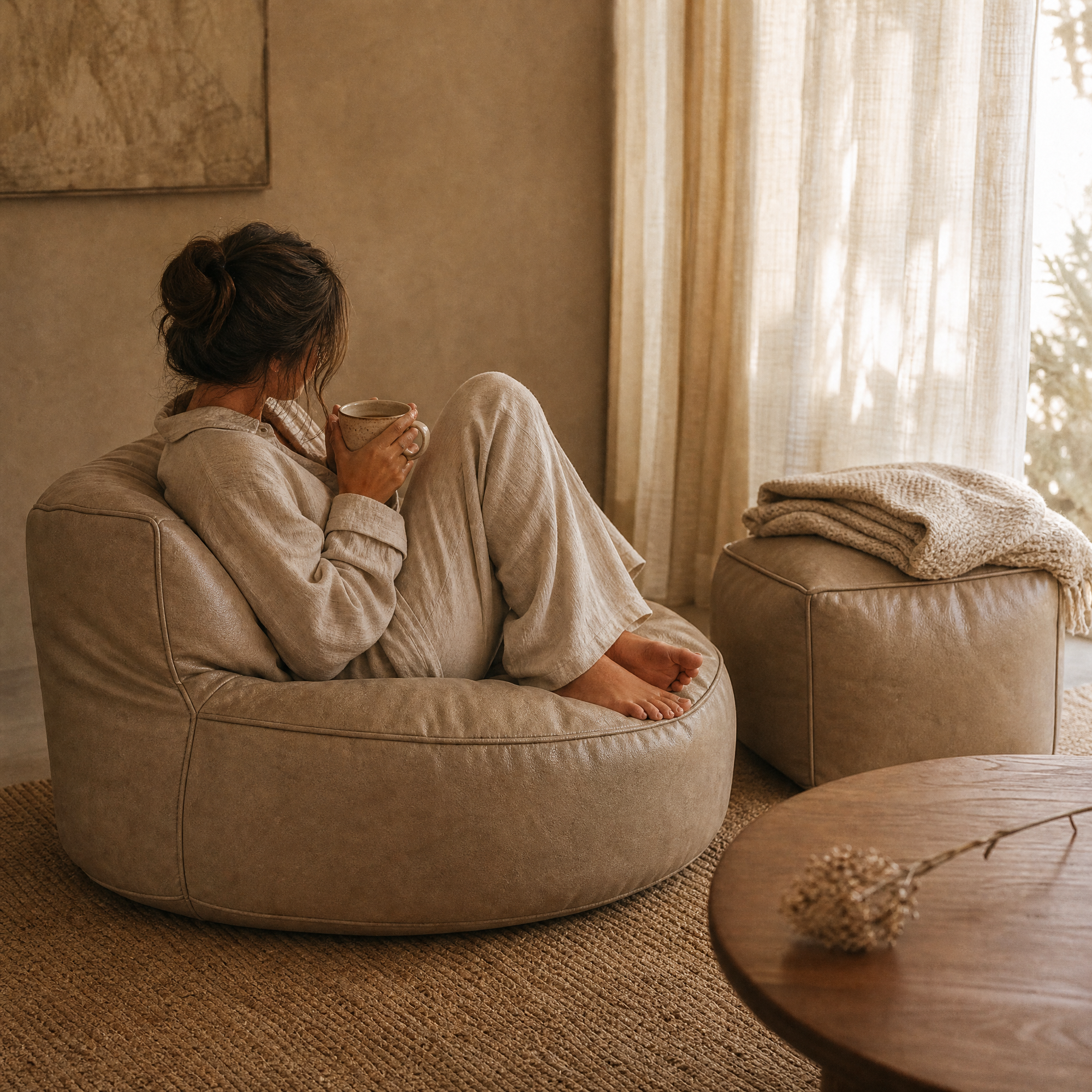 cove lounge chair in use with a mug and throw