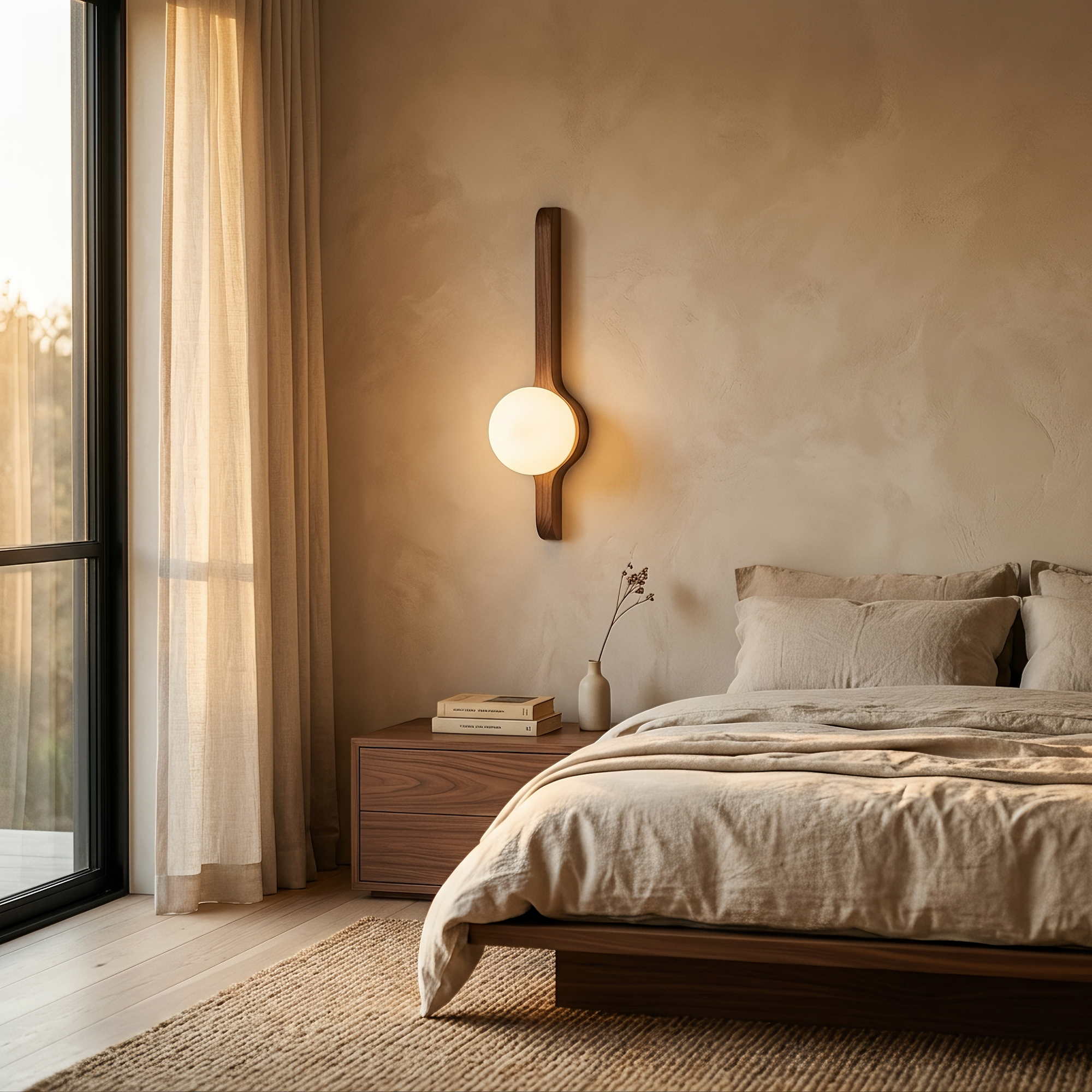 wick wall light mounted above a walnut bedside table in a warm bedroom