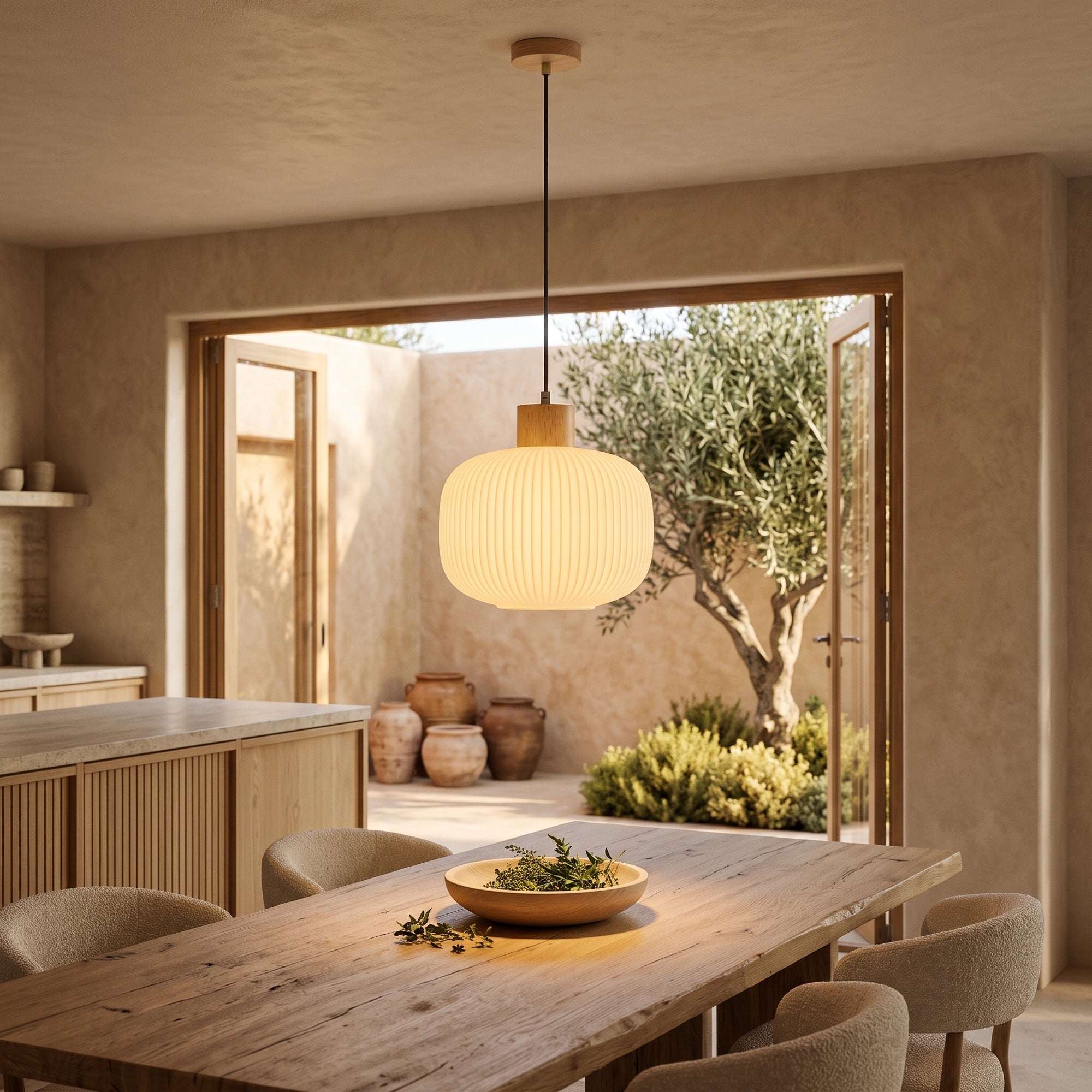 wold pendant light, Drum profile, hung over a dining table opening onto a courtyard