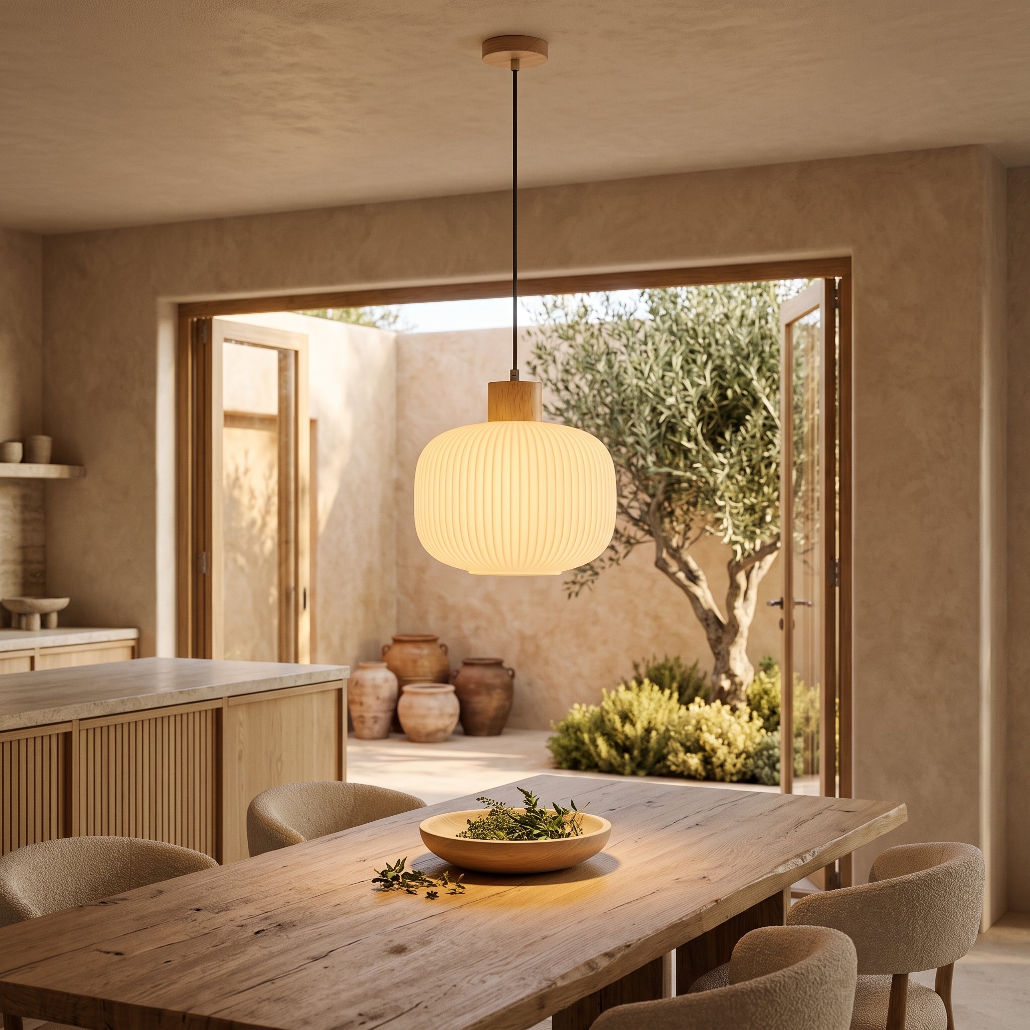 wold pendant light, Drum profile, hung over a dining table opening onto a courtyard