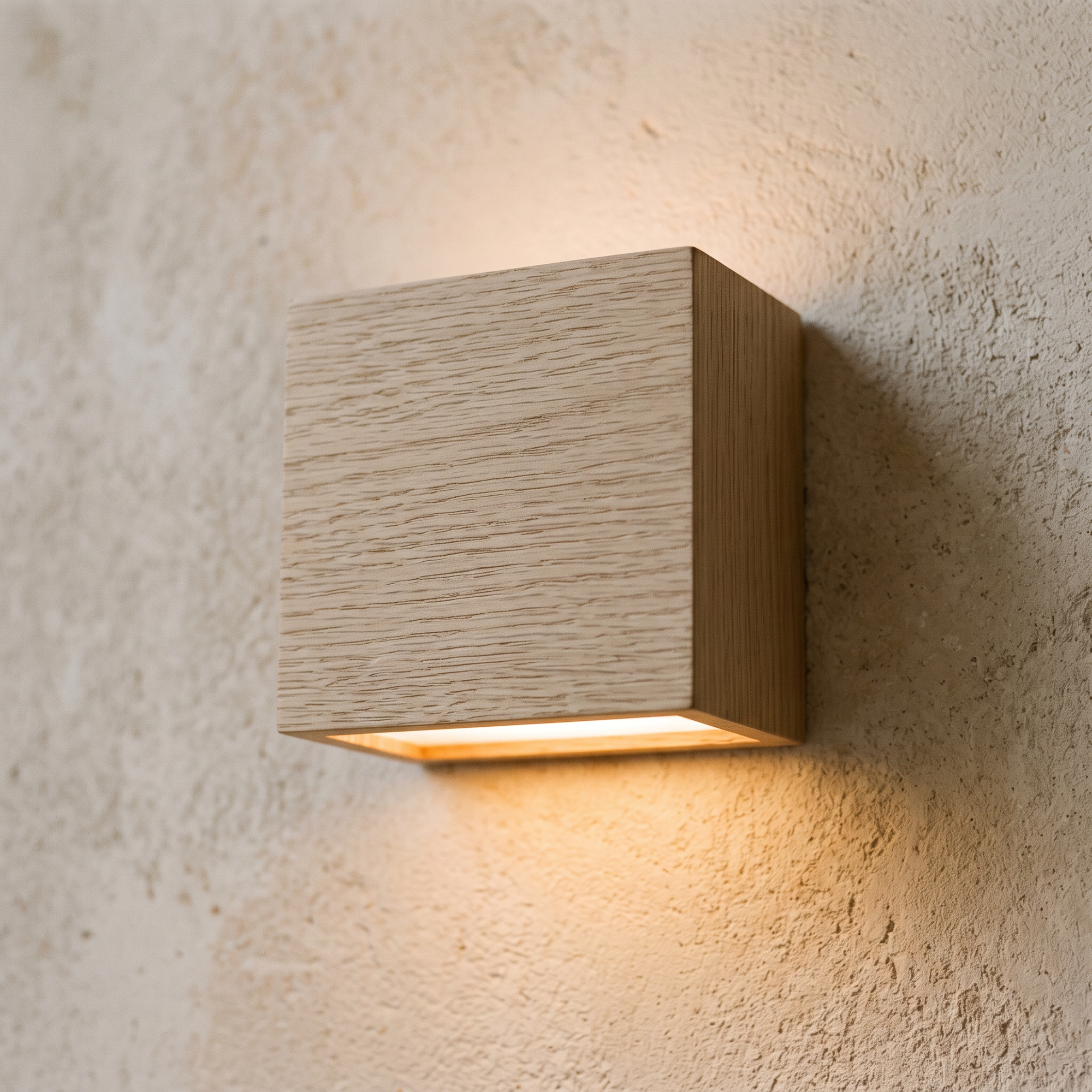 Close detail of the moor wall light oak wood-grain finish and light wash