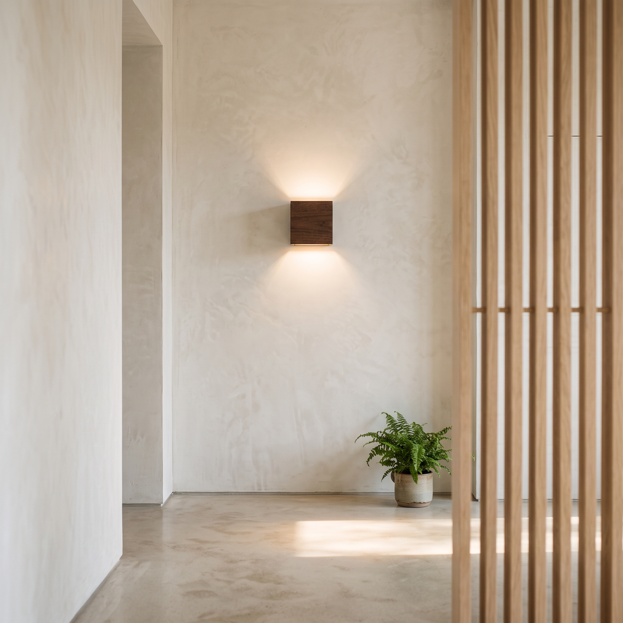 moor wall light in walnut finish in a hallway