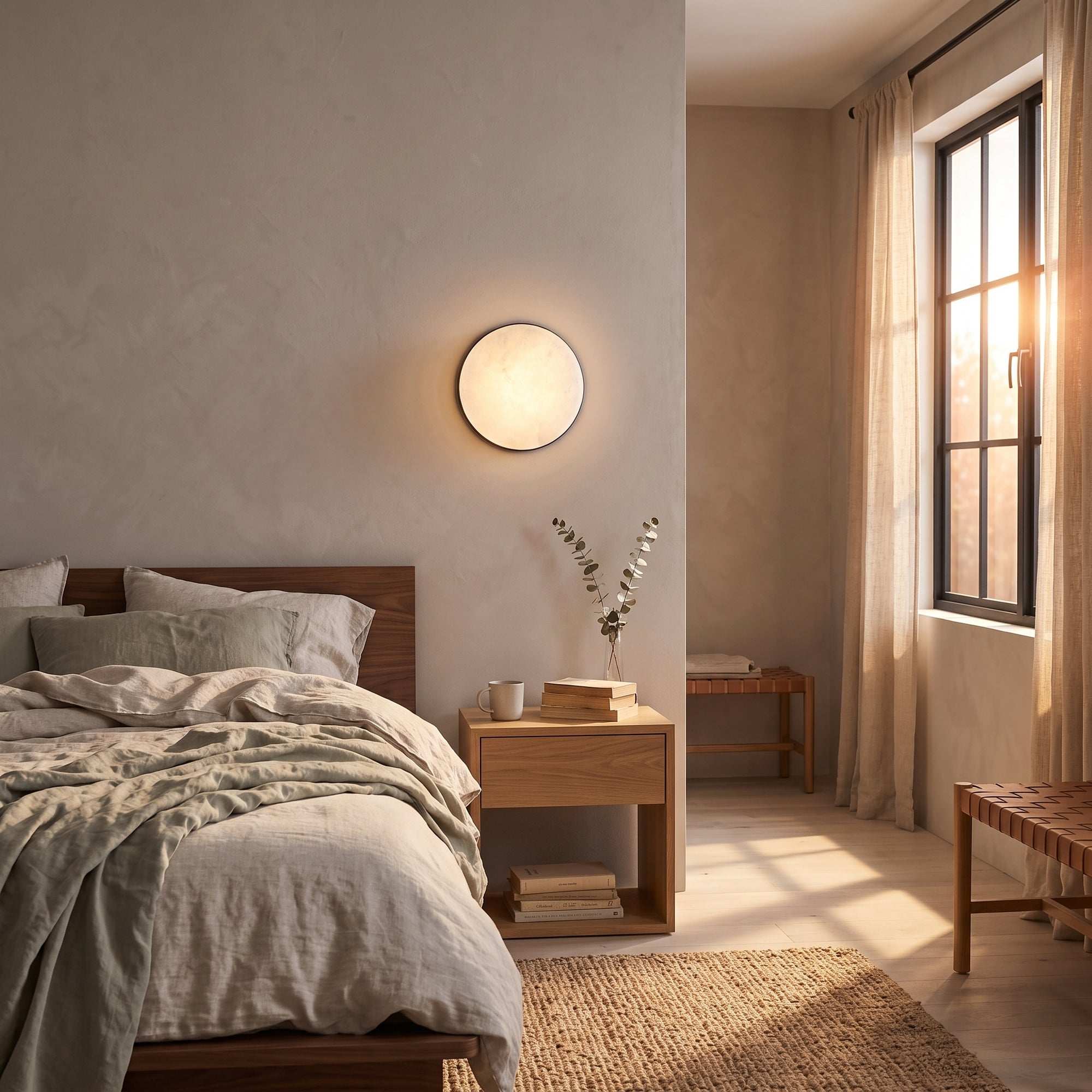 flint wall light, Round, in a bedroom setting