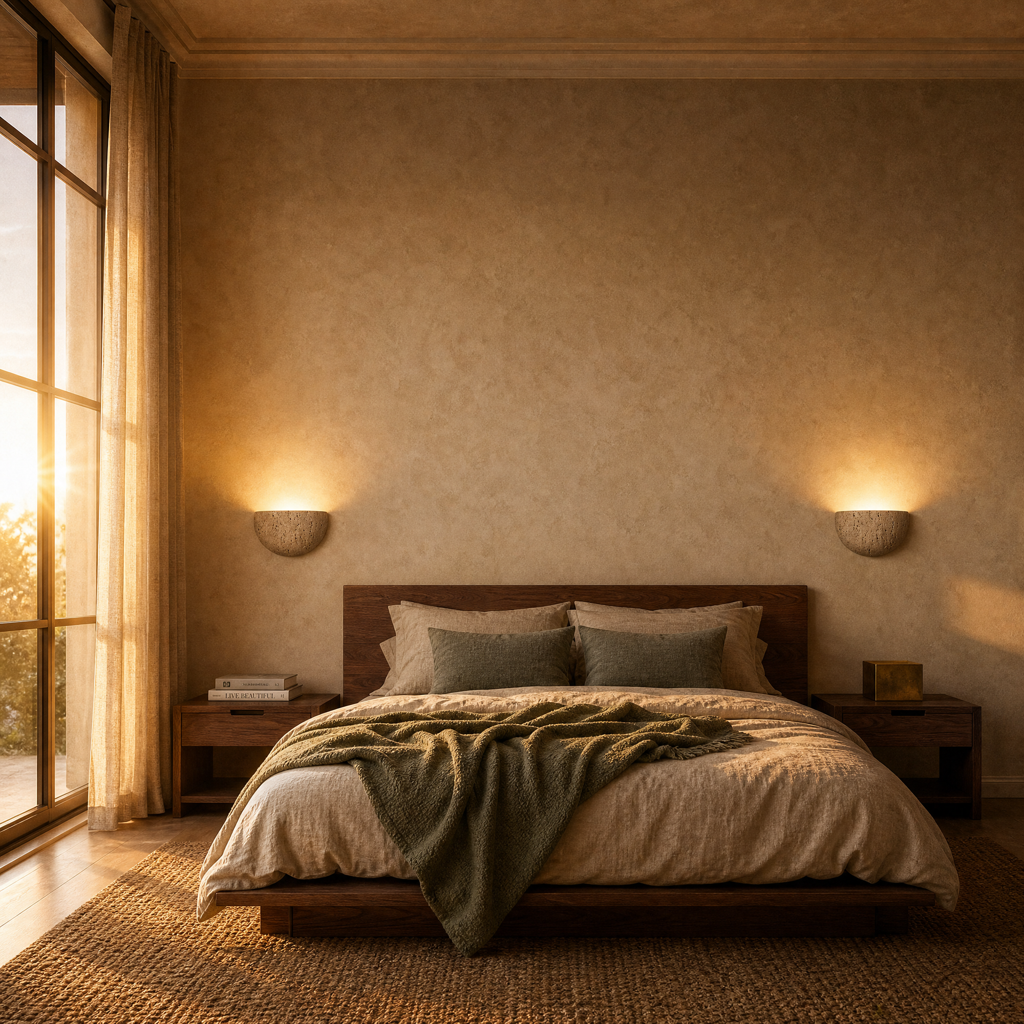 basin wall lights paired in a bedroom at golden hour