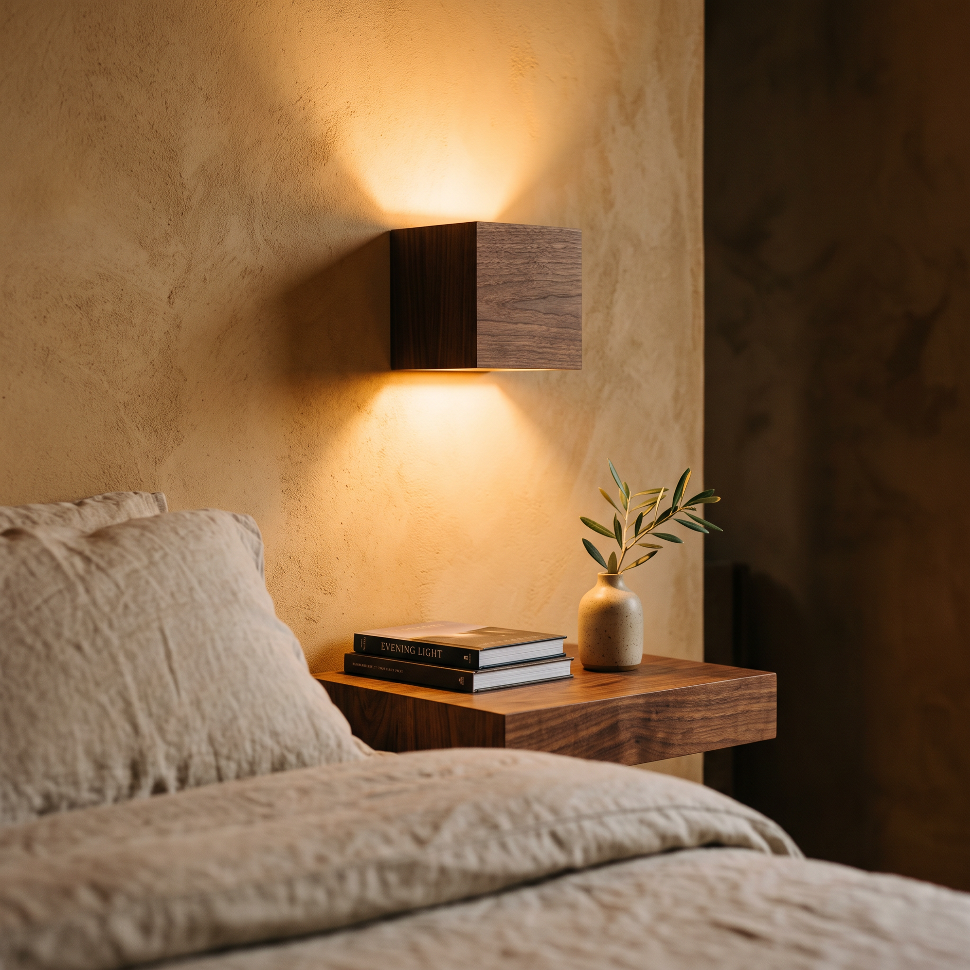 moor wall light in walnut finish above a floating bedside shelf
