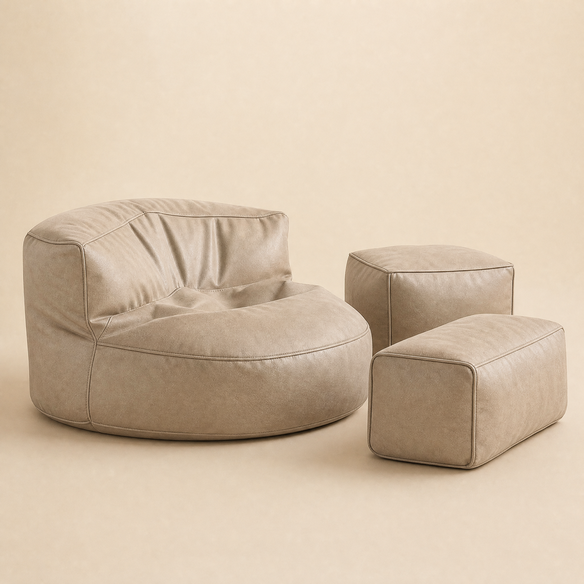 cove lounge set in beige, chair pouf and footrest, studio