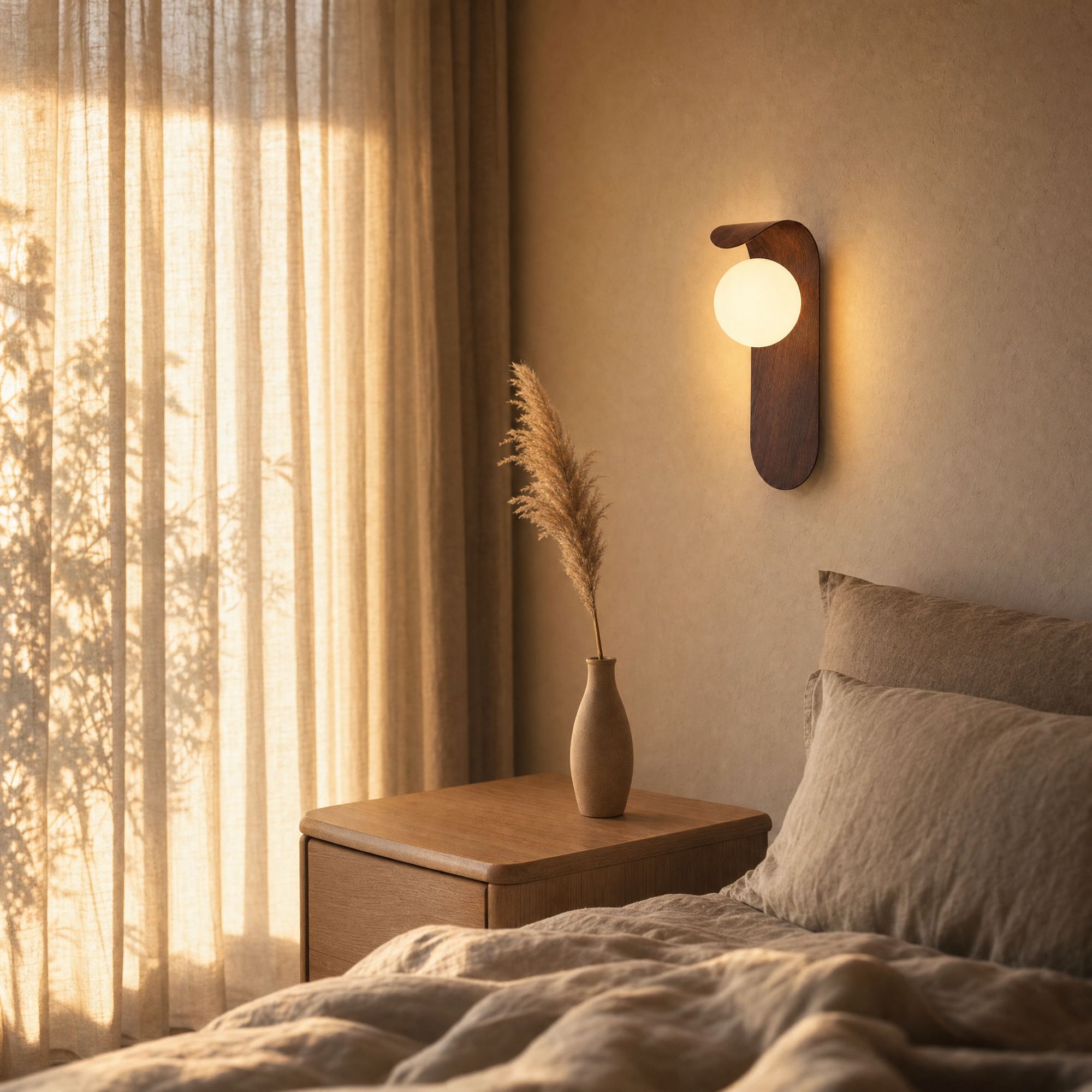 roost wall light above a bedside at golden hour