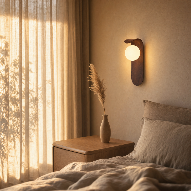 roost wall light above a bedside at golden hour