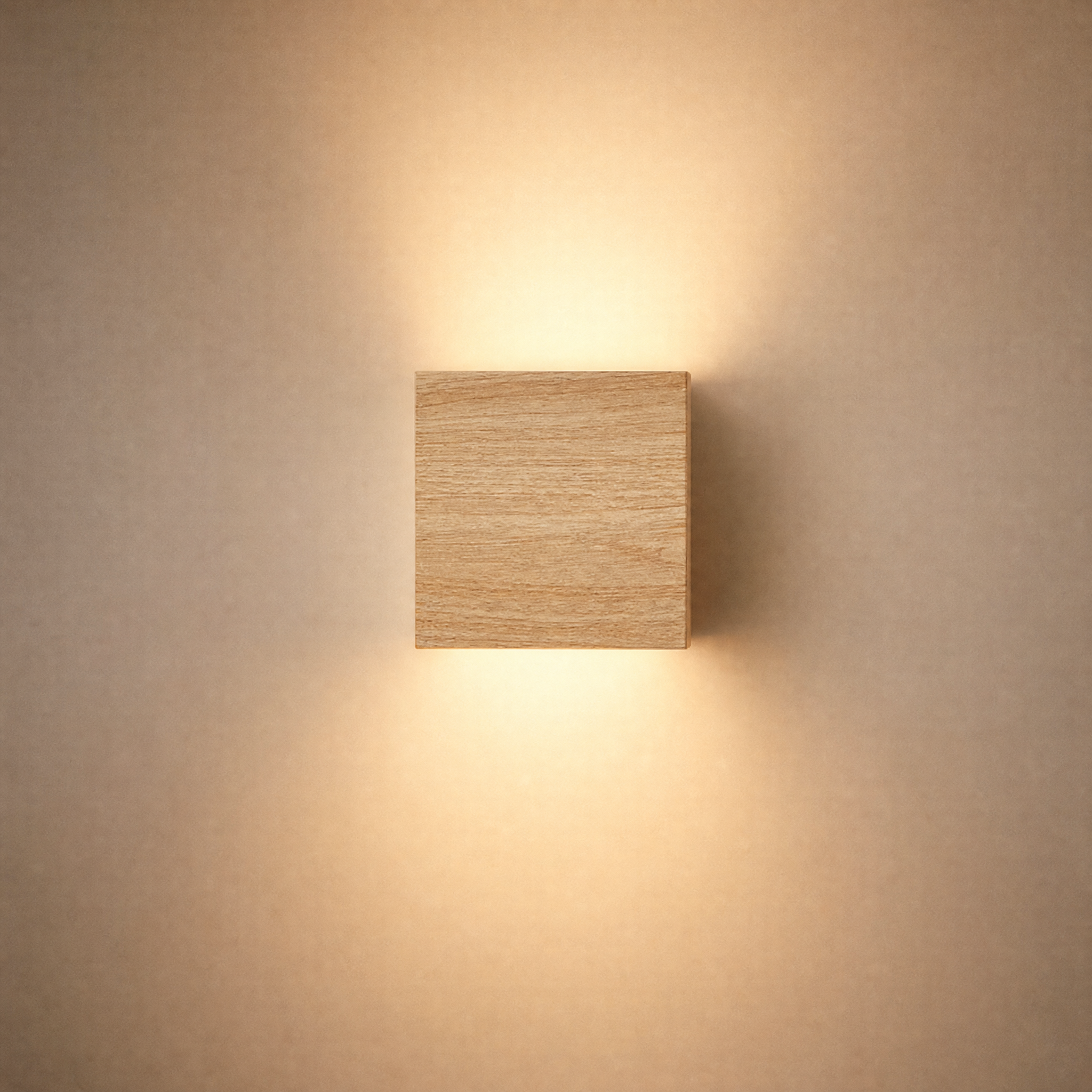 moor wall light in oak-toned wood-grain finish, mounted flush to a wall and lit