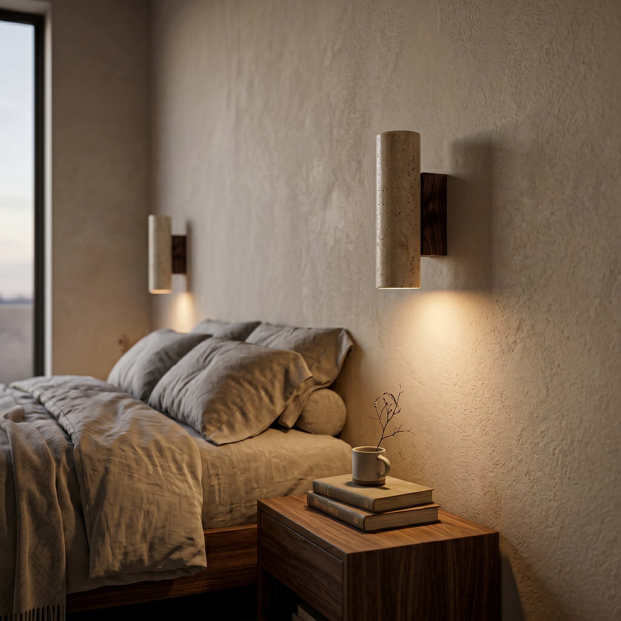travertine & walnut wall lamp