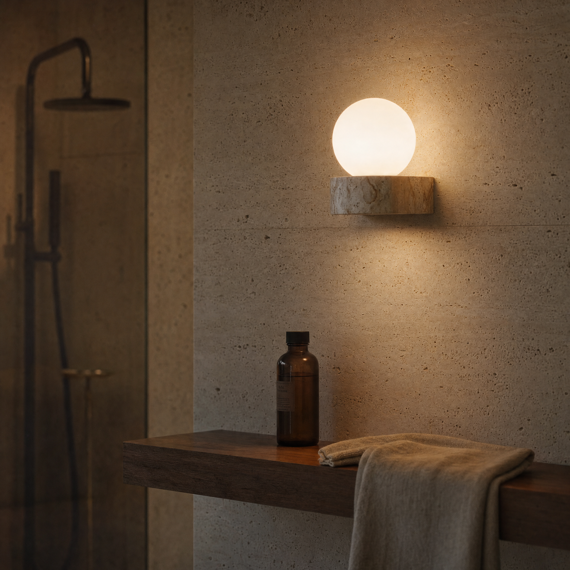 tarn wall light on a travertine bathroom wall