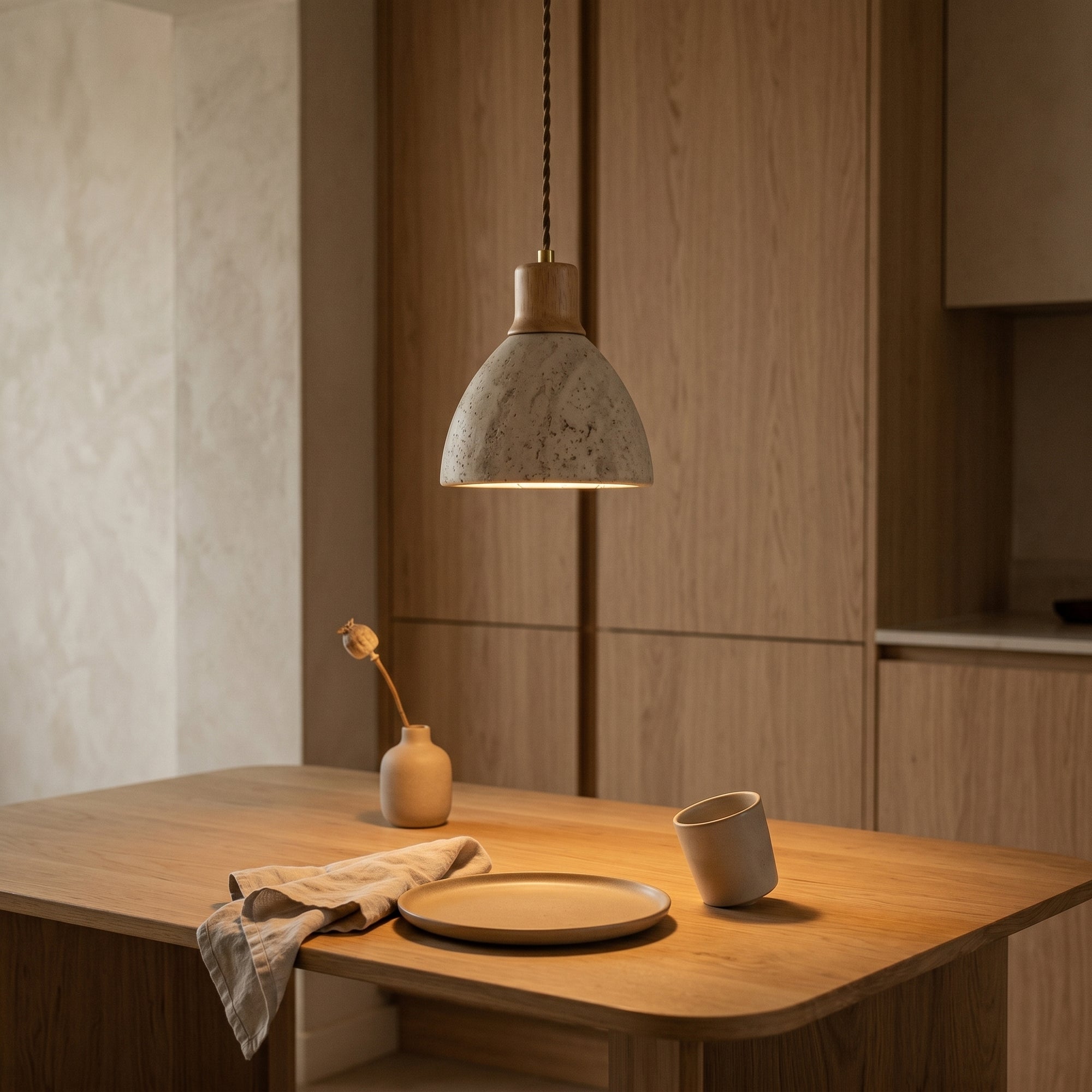 cove travertine + oak pendant light