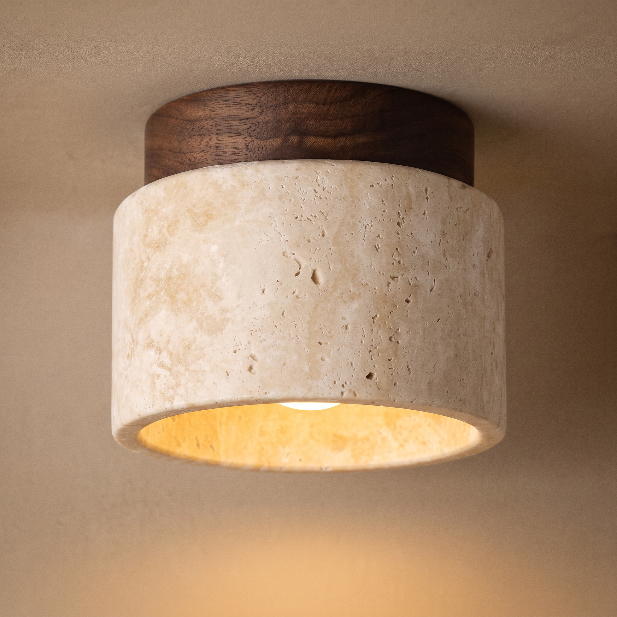 ridge ceiling light, walnut, close detail of stone and wood