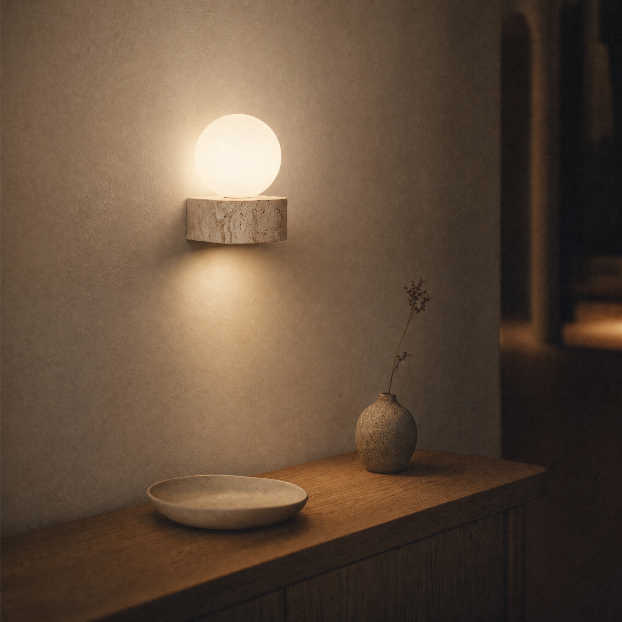 tarn wall light above an oak hallway console