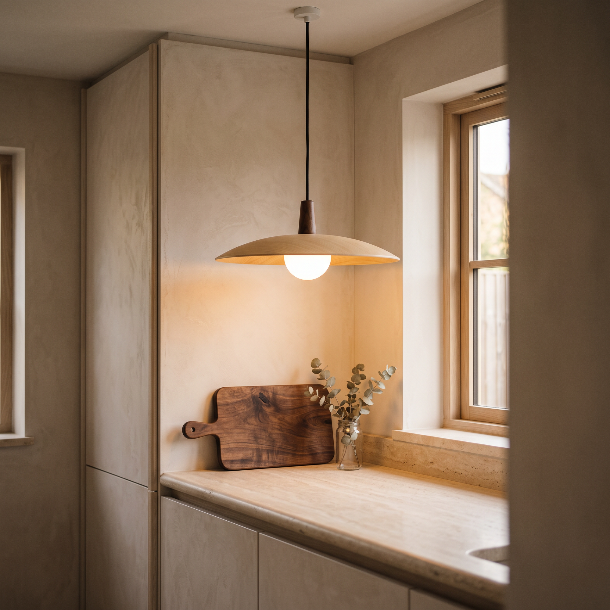 karst pendant, Log finish, above a kitchen counter nook