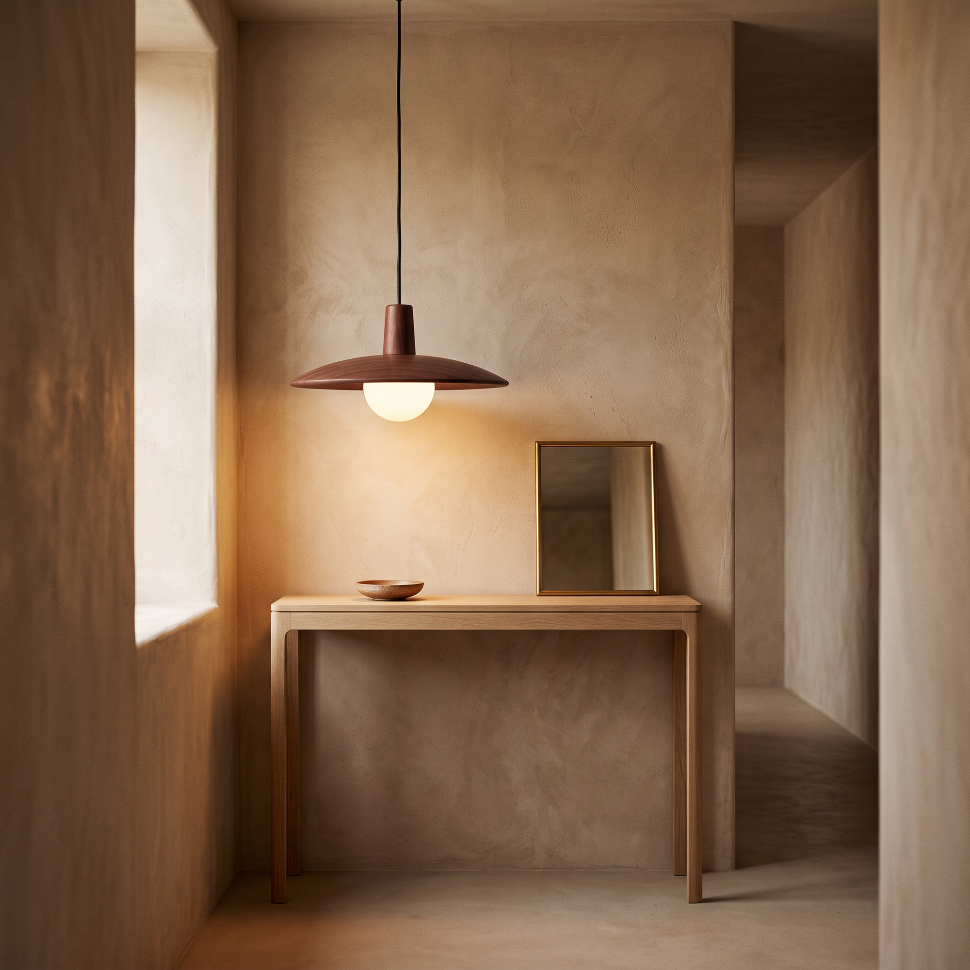 karst pendant, Walnut finish, above a hallway console