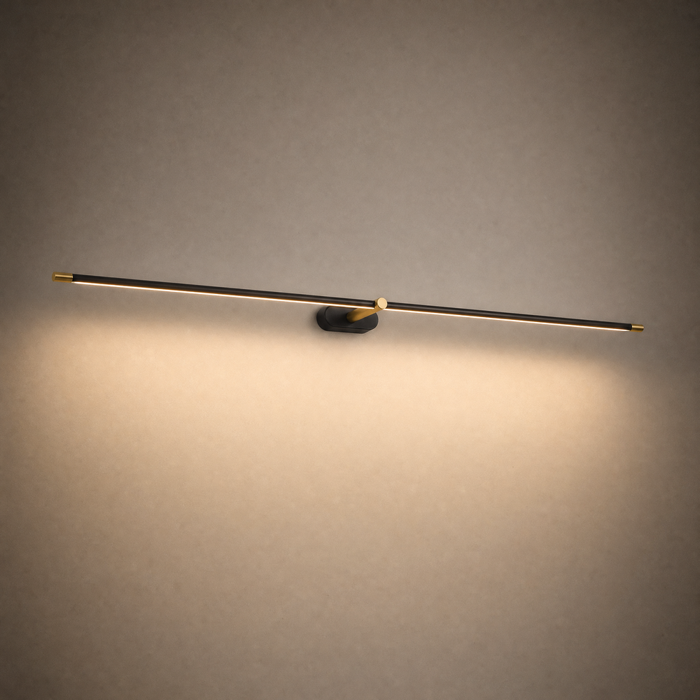 eda wall light, slim black rod with brass ends, studio